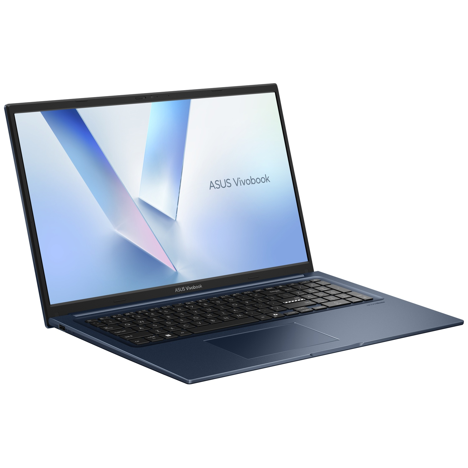 Een blauwe ASUS Vivobook laptop geopend op een witte achtergrond met zichtbaar toetsenbord en scherm.