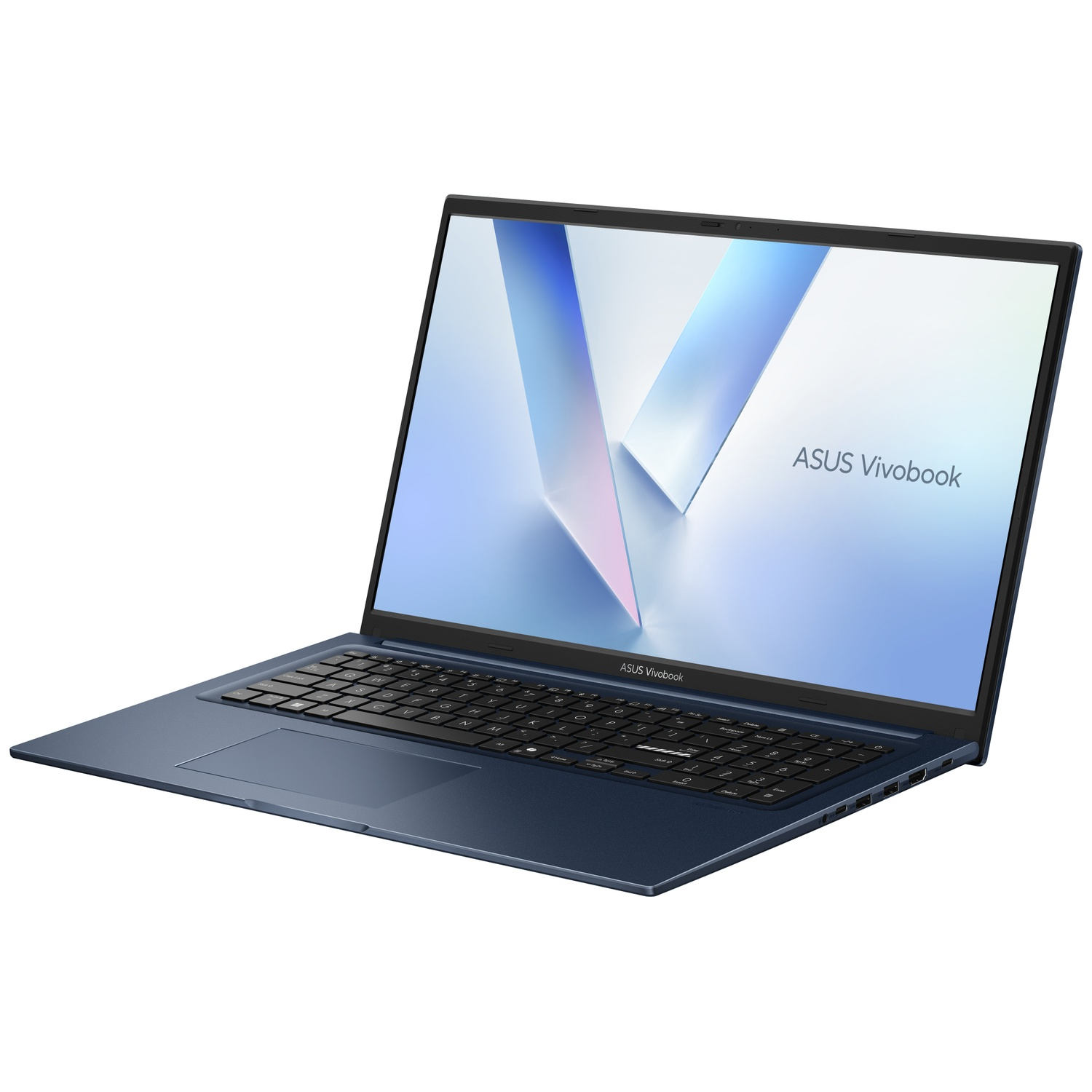 Een blauwe ASUS Vivobook laptop staat open op een wit oppervlak met een abstract schermachtergrond.