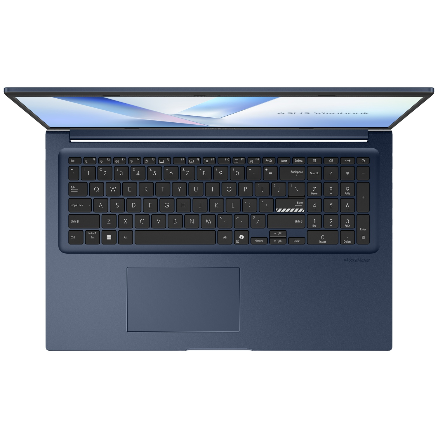 Bovenaanzicht van een donkerblauwe ASUS Vivobook laptop met toetsenbord en touchpad.