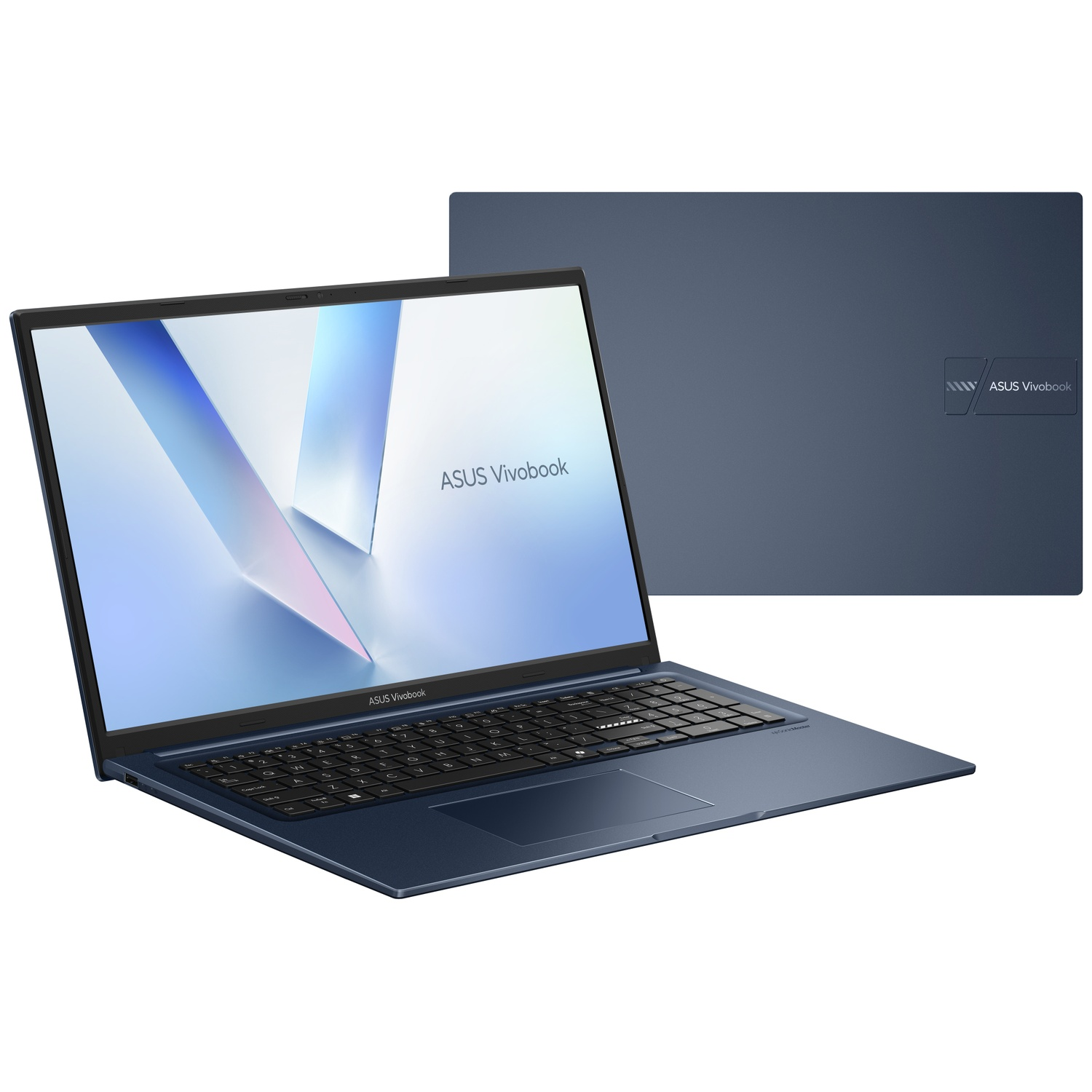 Blauwe ASUS Vivobook open van voren en het gesloten deksel op de achtergrond op wit.