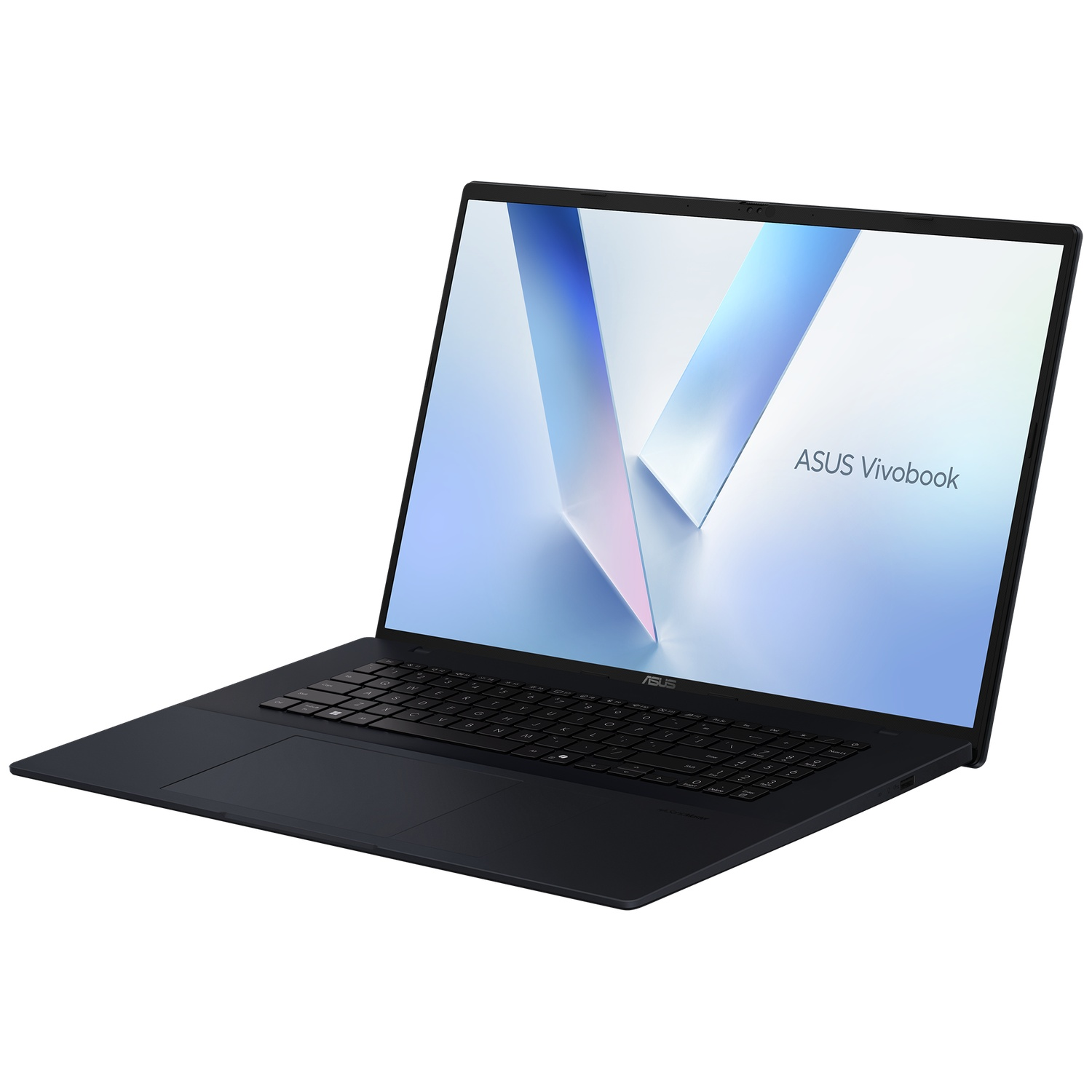 Ordinateur portable Asus Vivobook noir avec écran bleu et clavier rétroéclairé sur fond blanc.