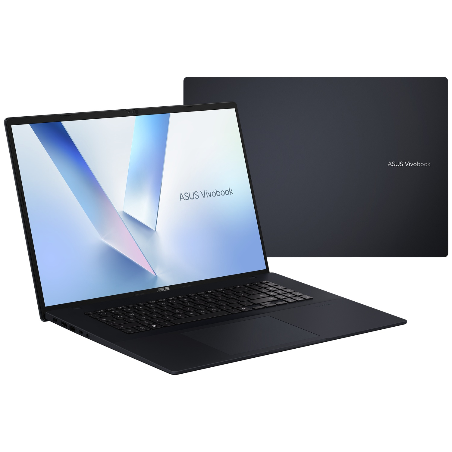 Un ordinateur portable ASUS Vivobook noir ouvert avec son écran affichant un design bleu abstrait.