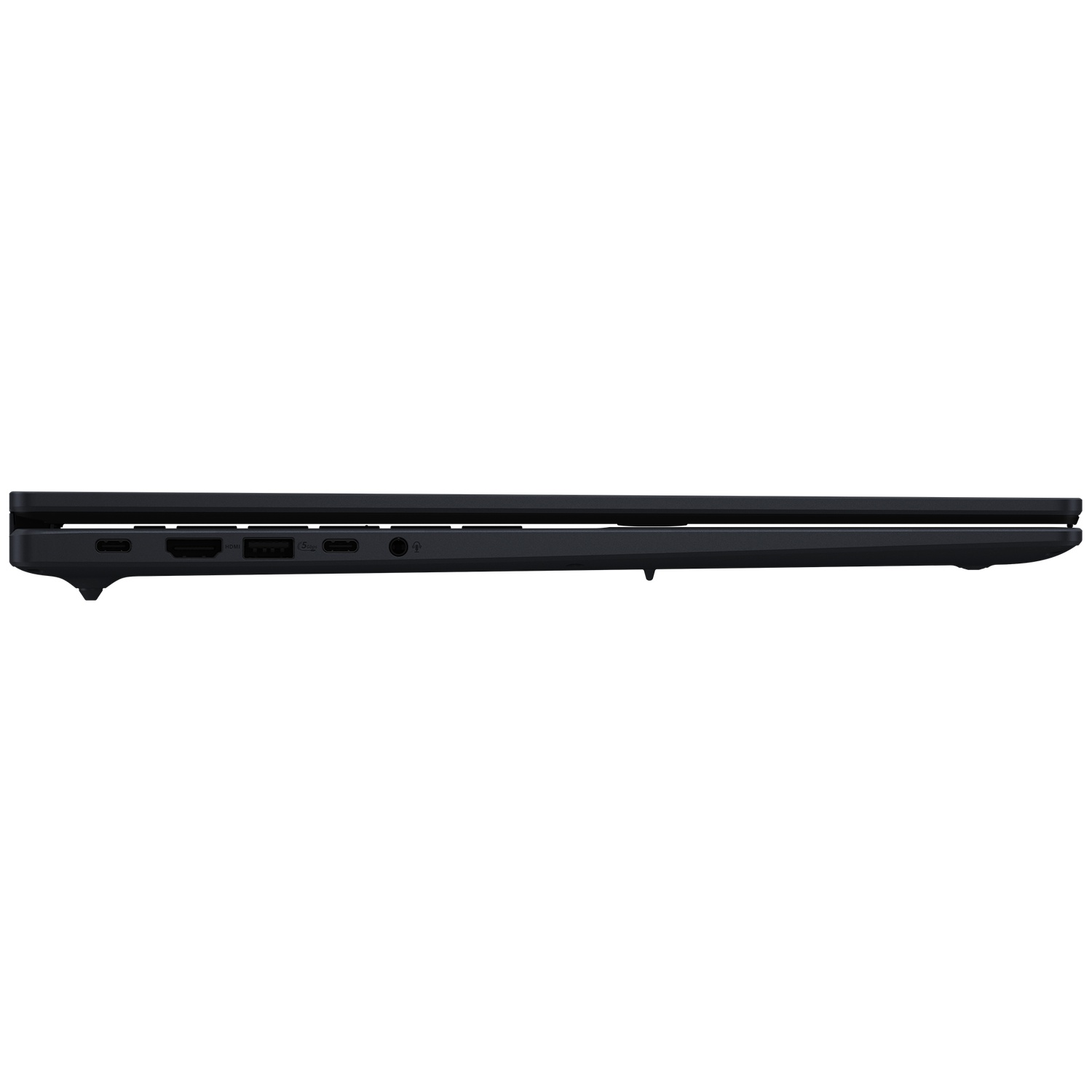 Profil latéral d'un ordinateur portable noir fermé avec des ports visibles sur un fond blanc.