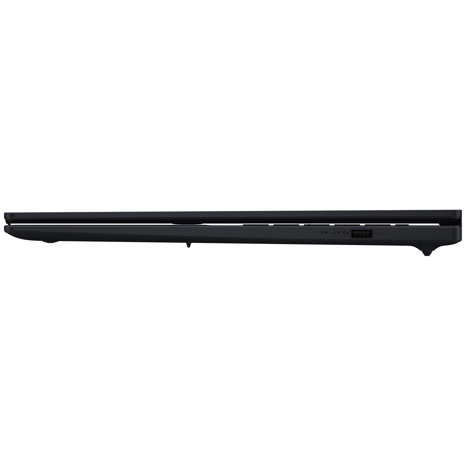 Profil latéral d'un ordinateur portable noir fermé montrant un port USB et des LED d'état sur fond blanc.