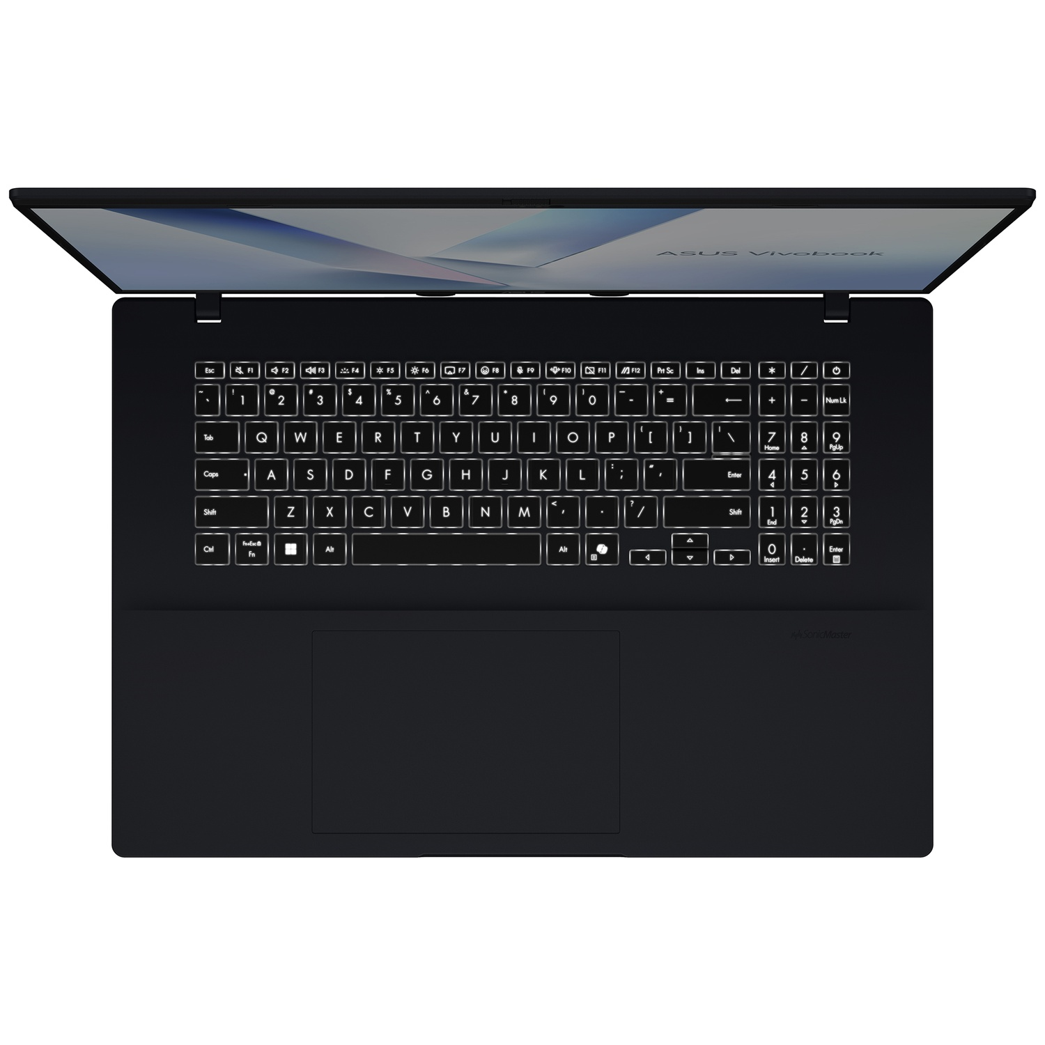 Vue de dessus d'un ordinateur portable Asus Vivobook noir avec clavier rétroéclairé et pavé tactile.
