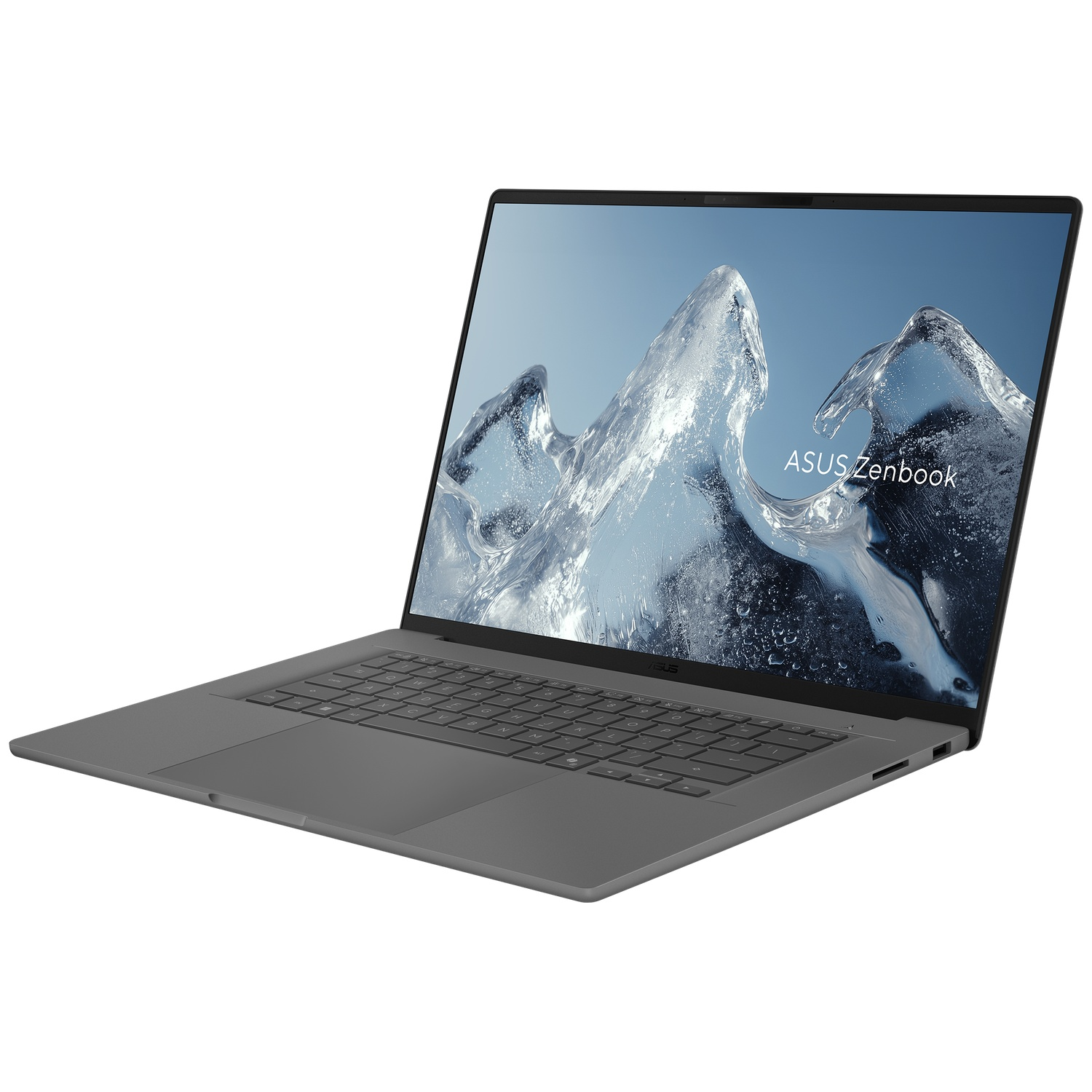 Een grijze Asus Zenbook laptop op een witte achtergrond met een blauwe watergrafiek op het scherm.
