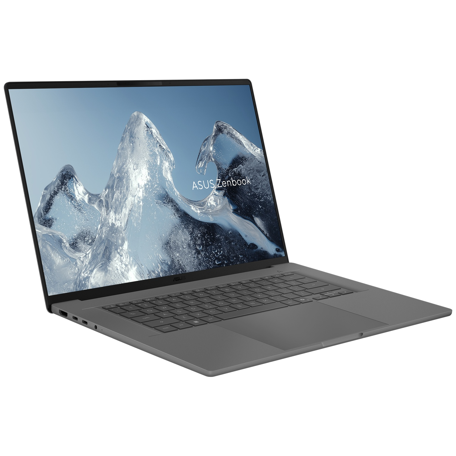Een open grijze ASUS Zenbook-laptop op een wit oppervlak, met een achtergrond van opspattend water.