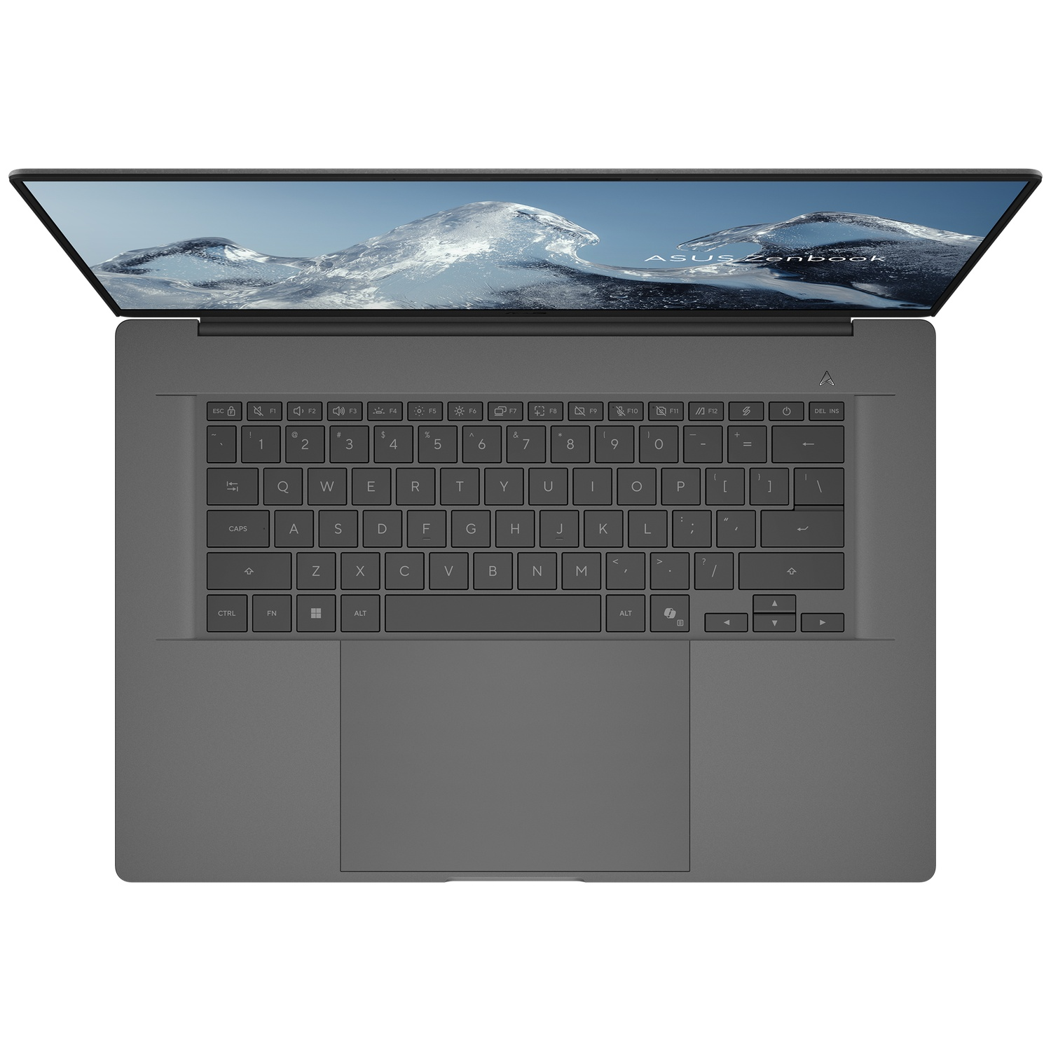 Bovenaanzicht van een donkere Asus Zenbook-laptop met toetsenbord, touchpad en scherm met bergachtergrond.