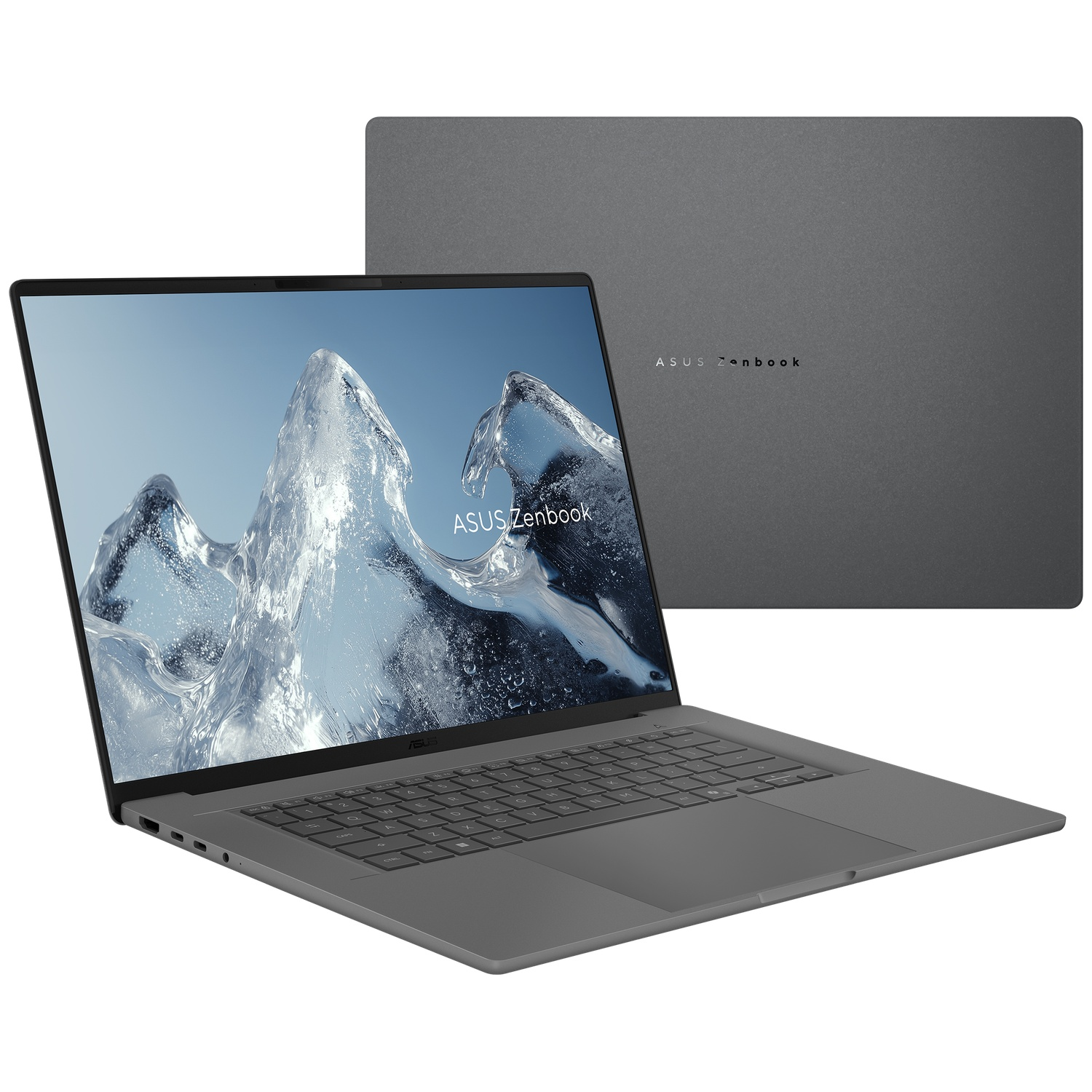 Grijze Asus Zenbook laptop met open scherm toont een ijsbeeld, het gesloten deksel op de achtergrond.