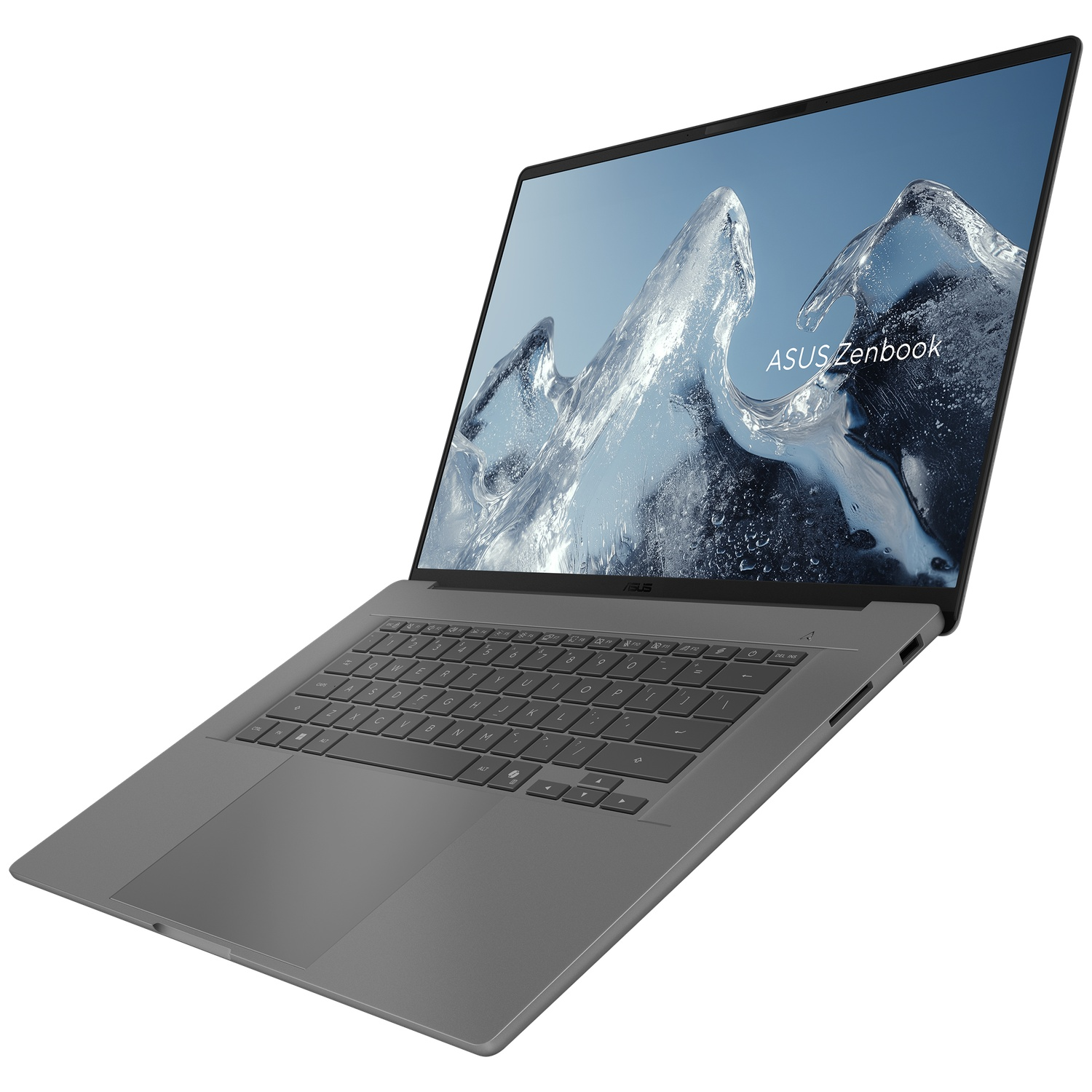 Een grijze Asus Zenbook laptop in hoek geplaatst, met een waterachtergrond op het scherm.