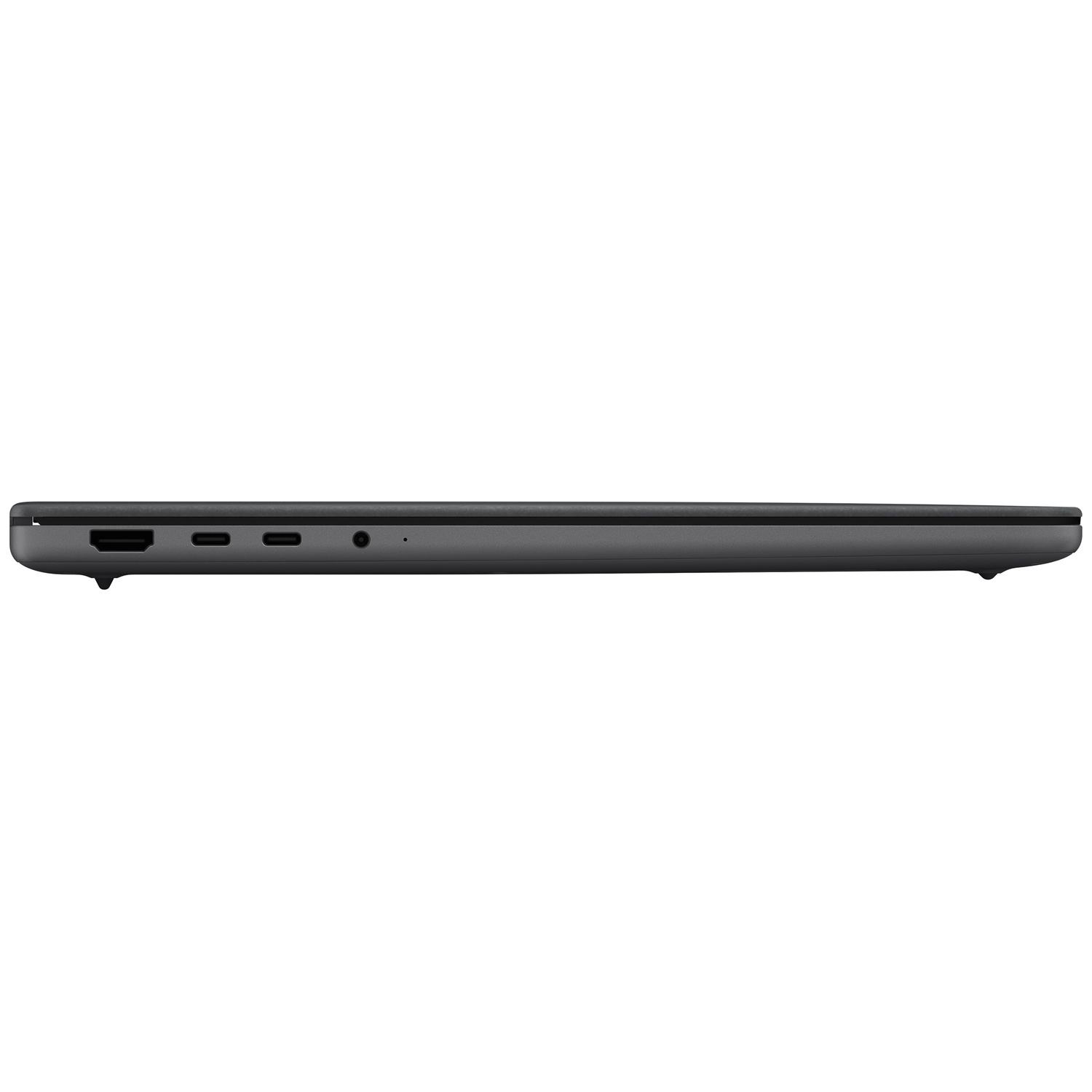 Linkerkant van een grijze laptop with poorten en HDMI-poort tegen een witte achtergrond.