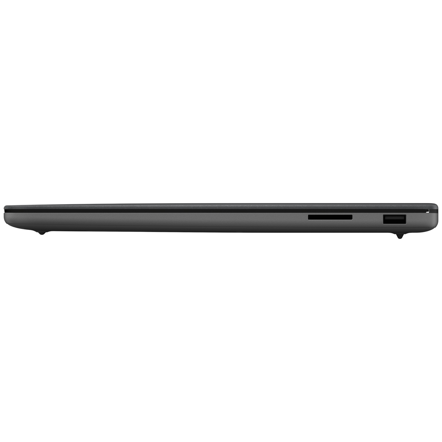 Zijaanzicht van een gesloten grijze laptop met een kaartlezer en een USB-poort.