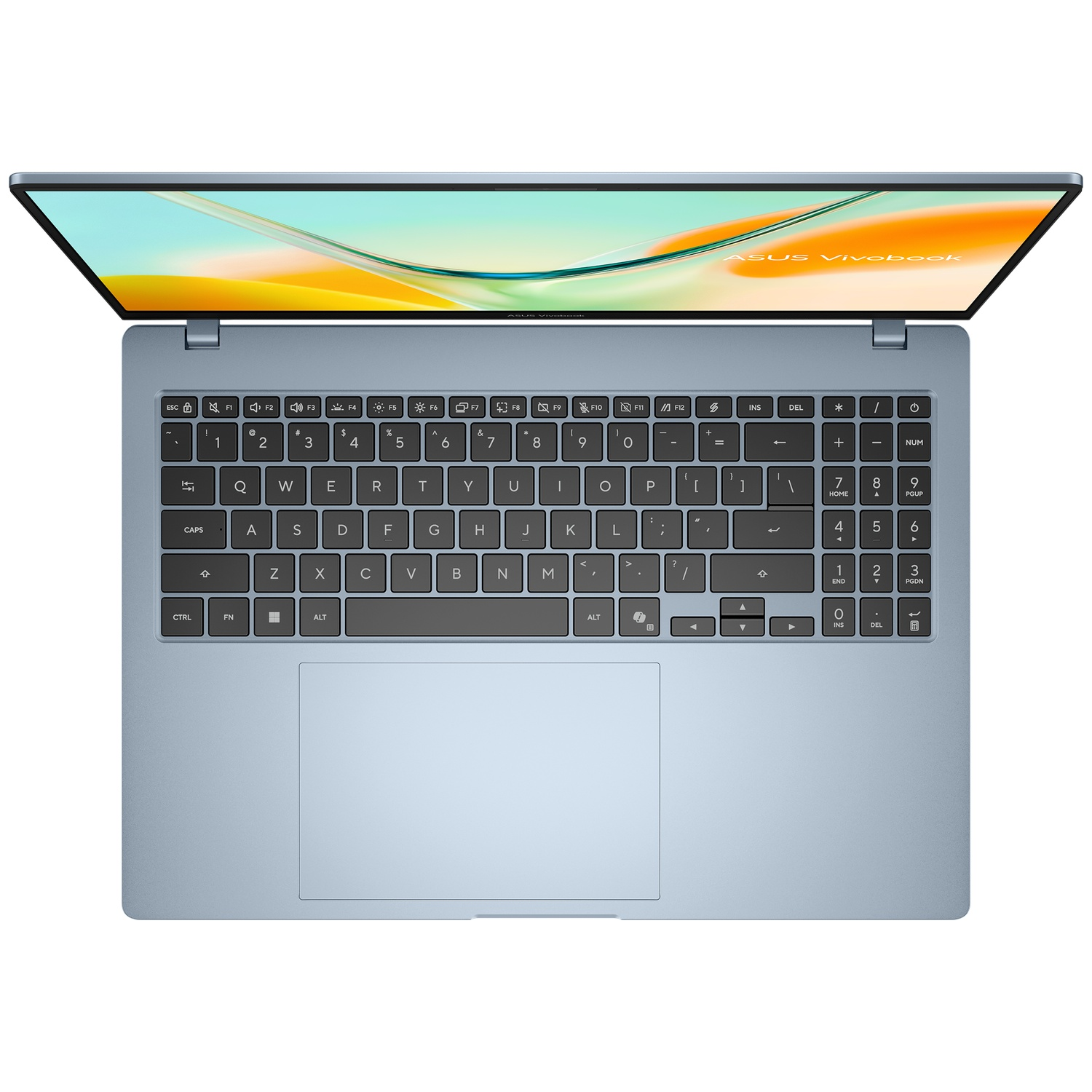 Blauwe Asus Vivobook laptop van boven bekeken, met toetsenbord en scherm.