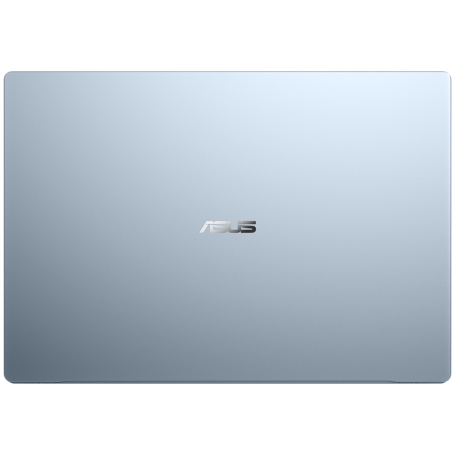Een zilveren Asus laptop van boven gezien, met het logo in het midden.