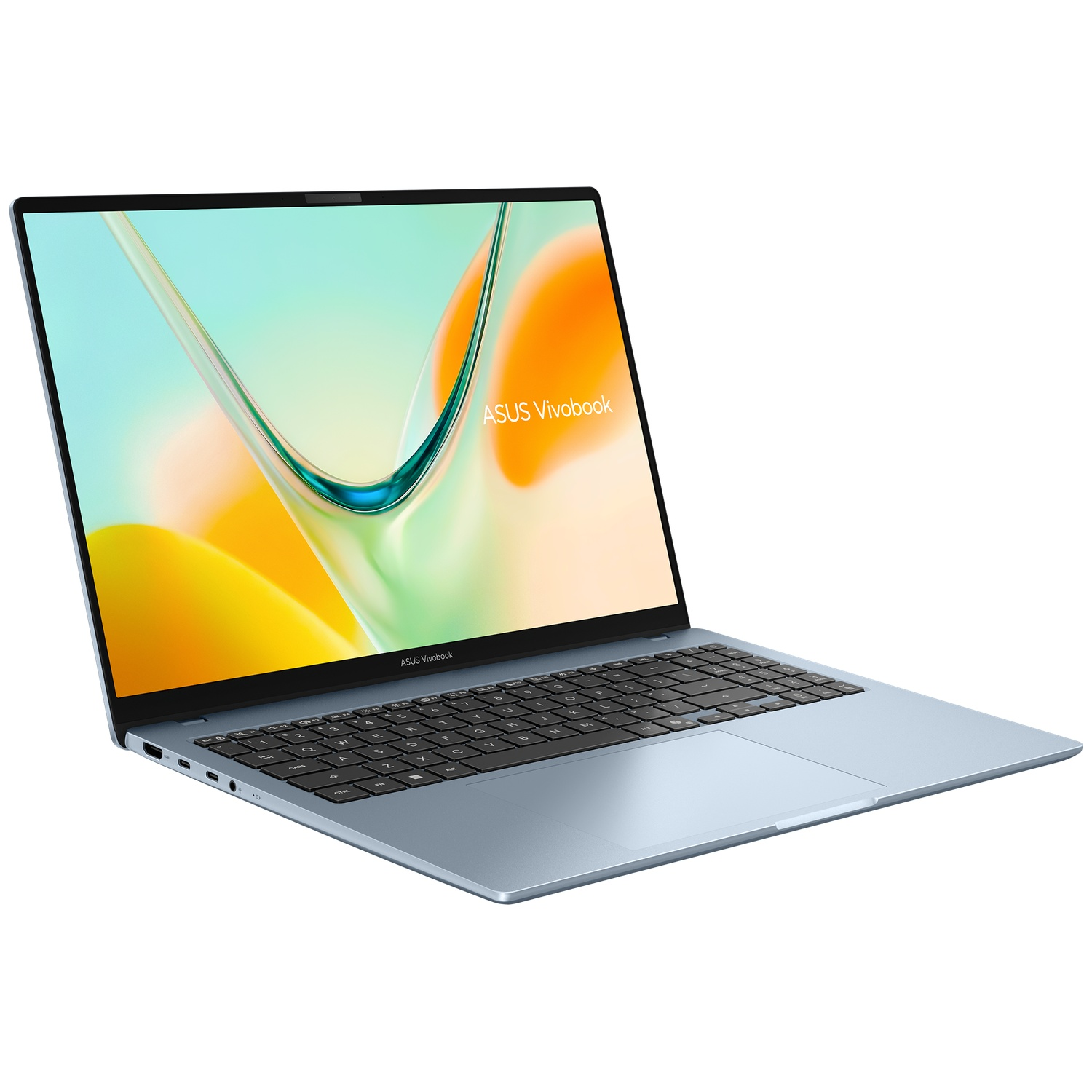 Lichtblauwe ASUS Vivobook laptop met zwart toetsenbord en abstracte kleurrijke achtergrond.