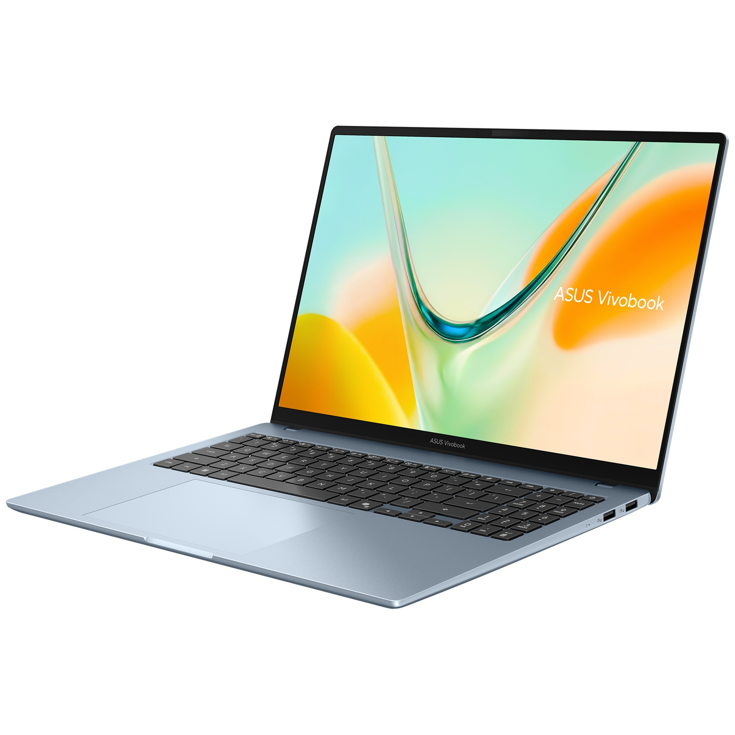 Een blauwe ASUS Vivobook-laptop met een kleurrijk scherm op een lichte achtergrond.