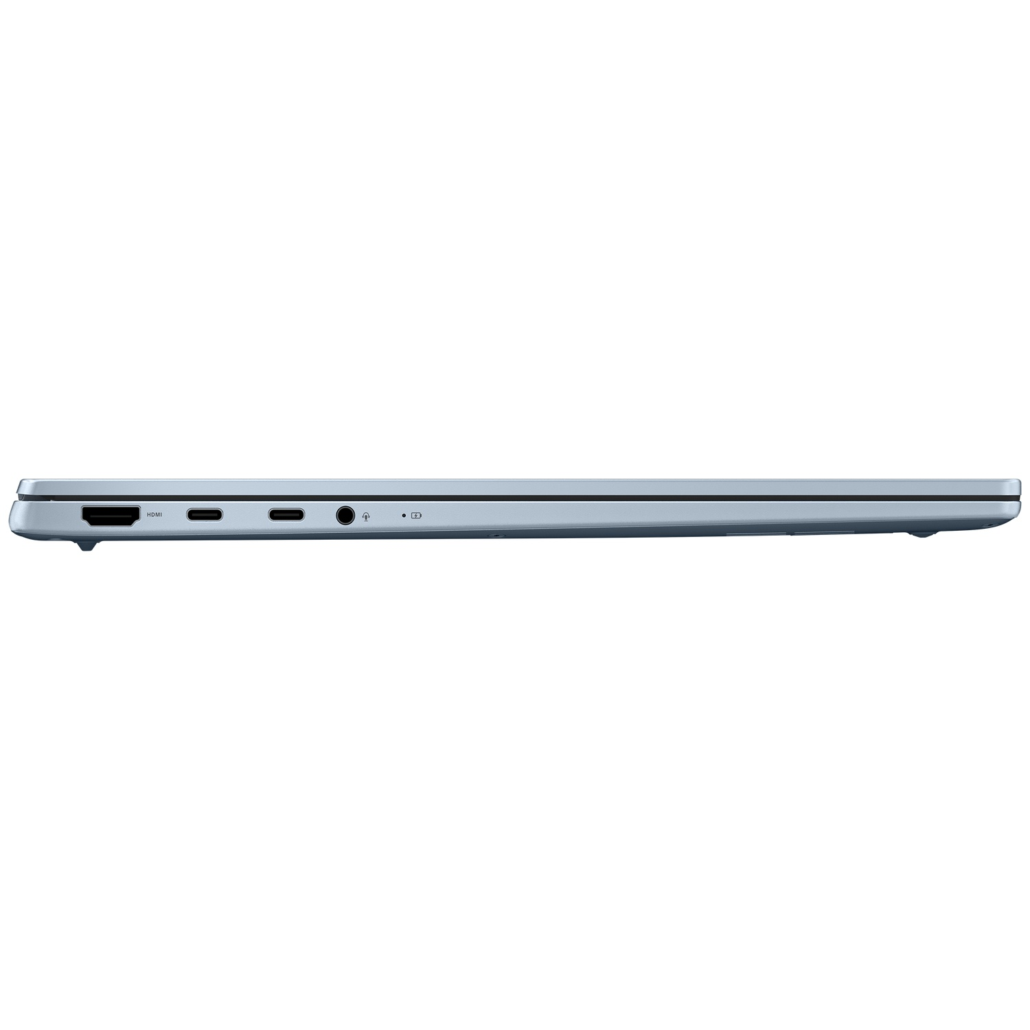 Zijprofiel van een zilver-grijze laptop met HDMI- en USB-C-poorten.