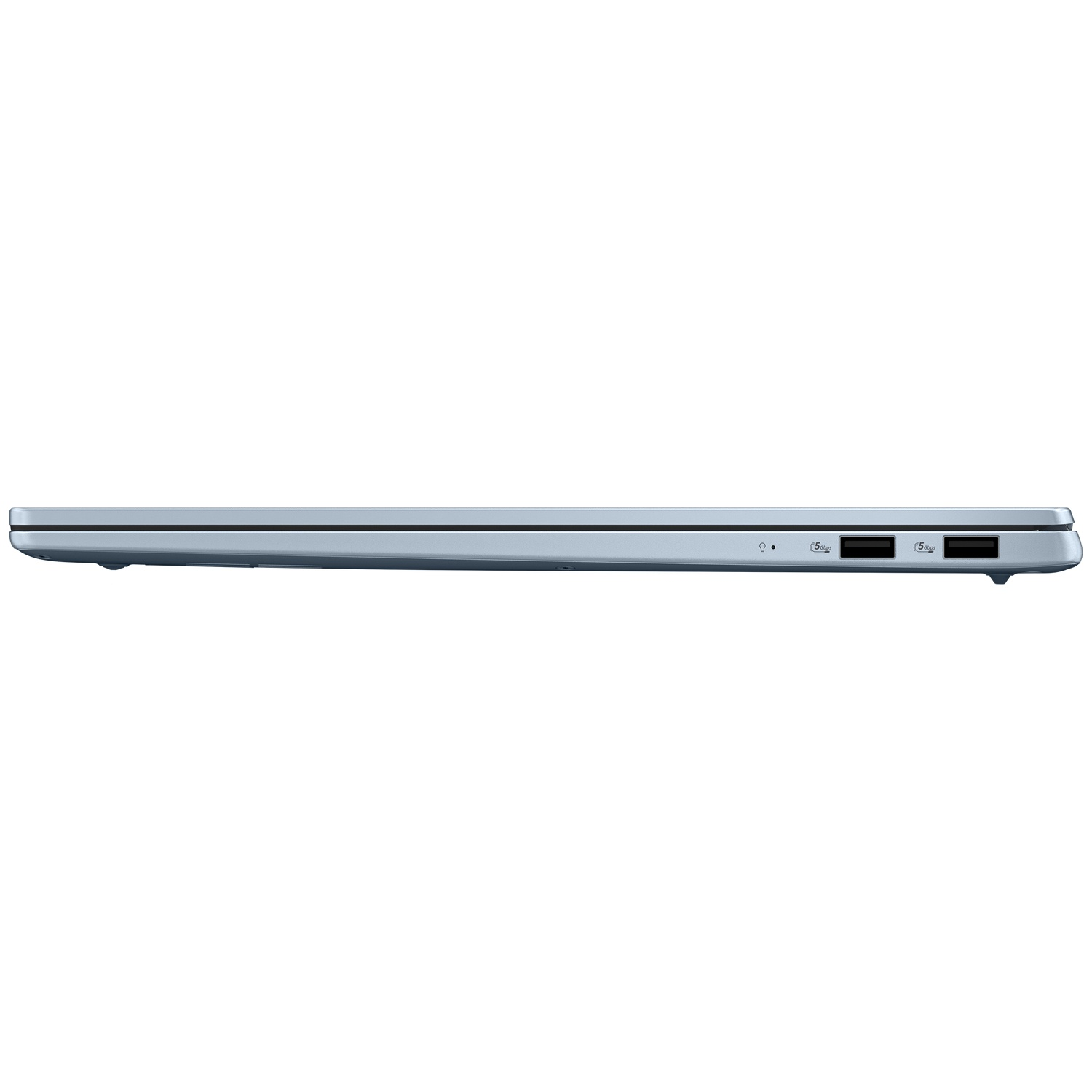 Zijaanzicht van een dunne blauwe laptop met twee USB-poorten.