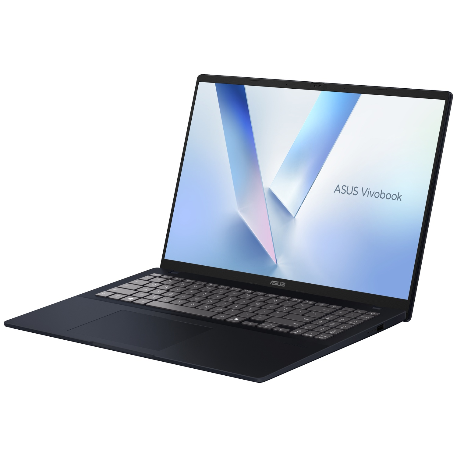 A black ASUS Vivobook laptop with a blue screen and open lid against a white background.