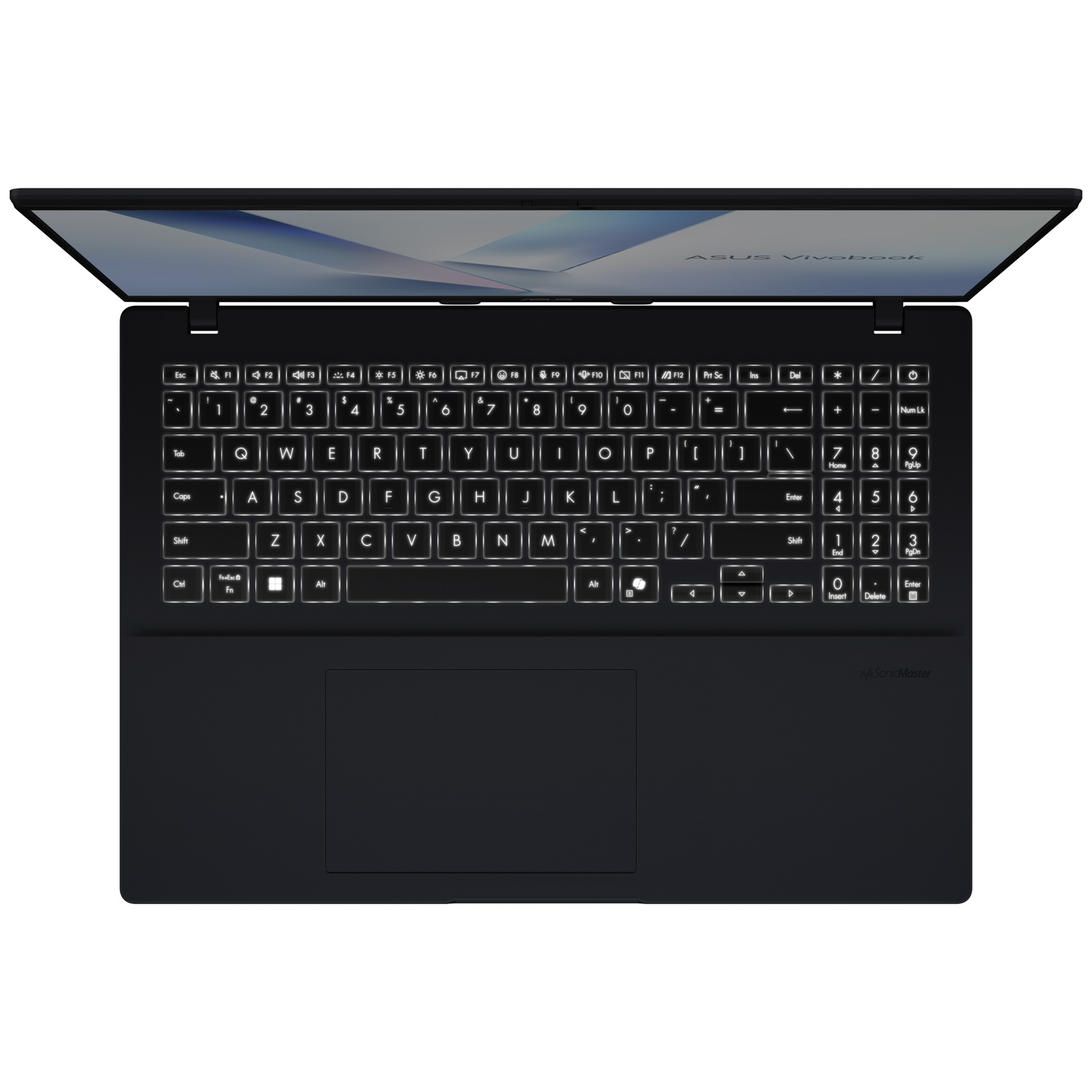 Top view of a black Asus Vivobook with backlit keyboard.