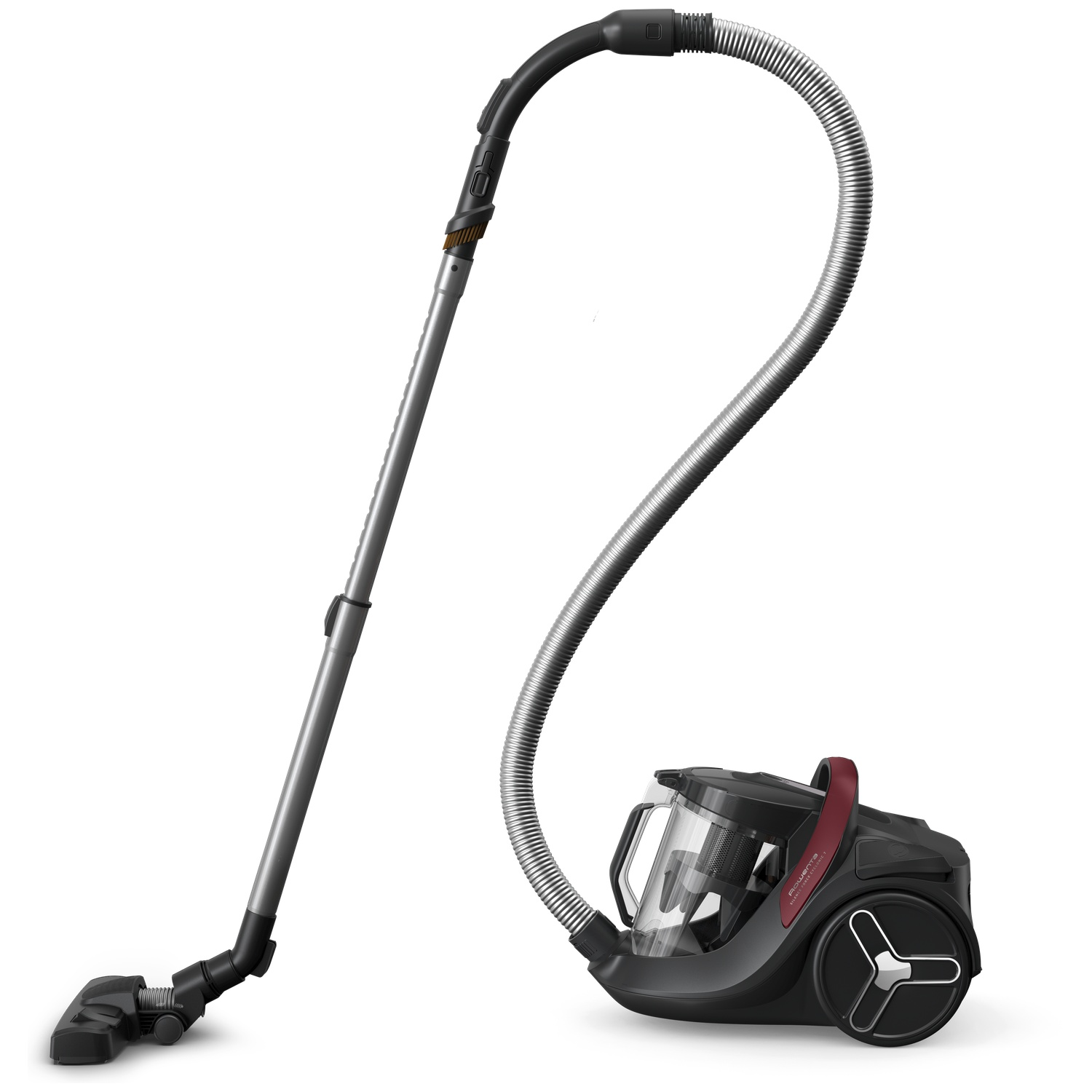 A modern black and grey canister vacuum cleaner with a long flexible hose and wand on a white background.