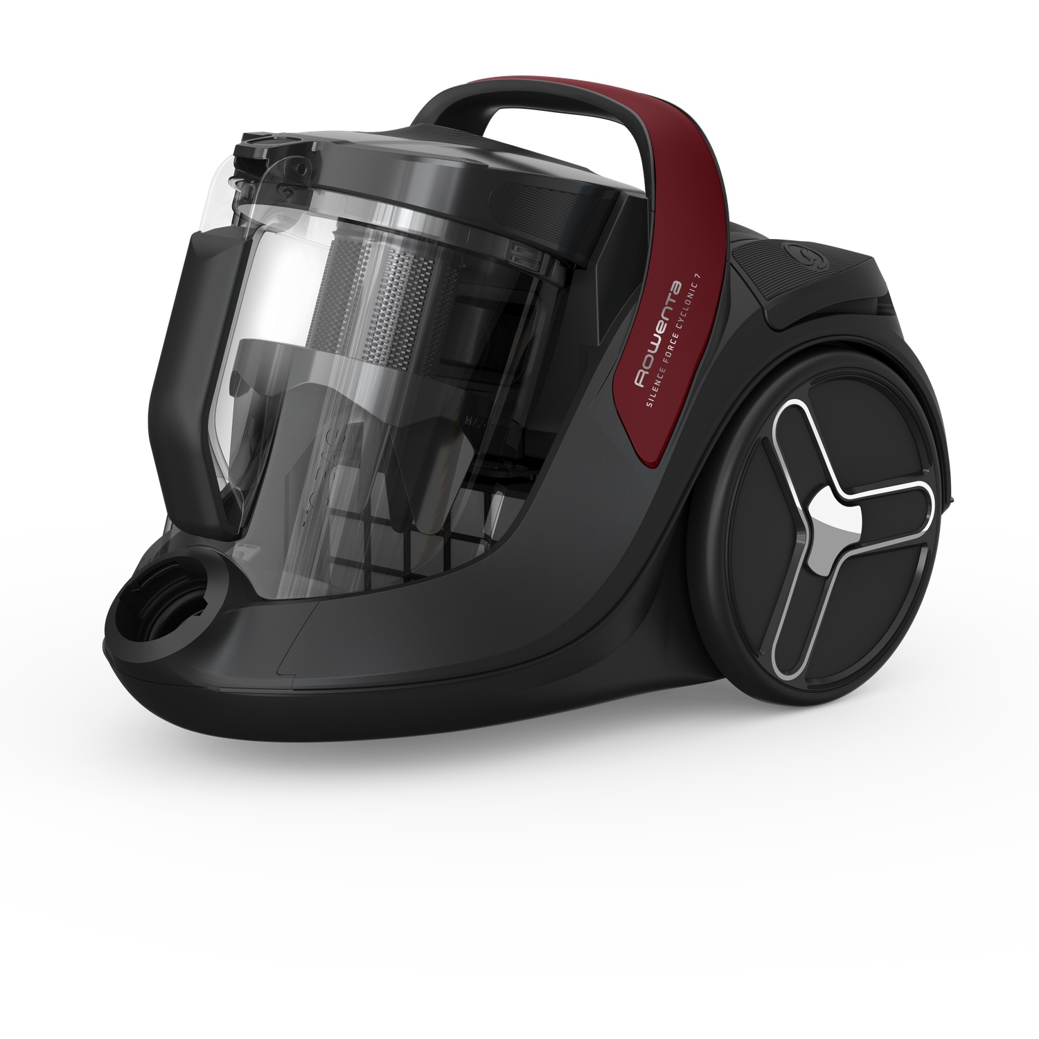 Black Rowenta vacuum cleaner with clear dust bin and red carry handle on a white background.