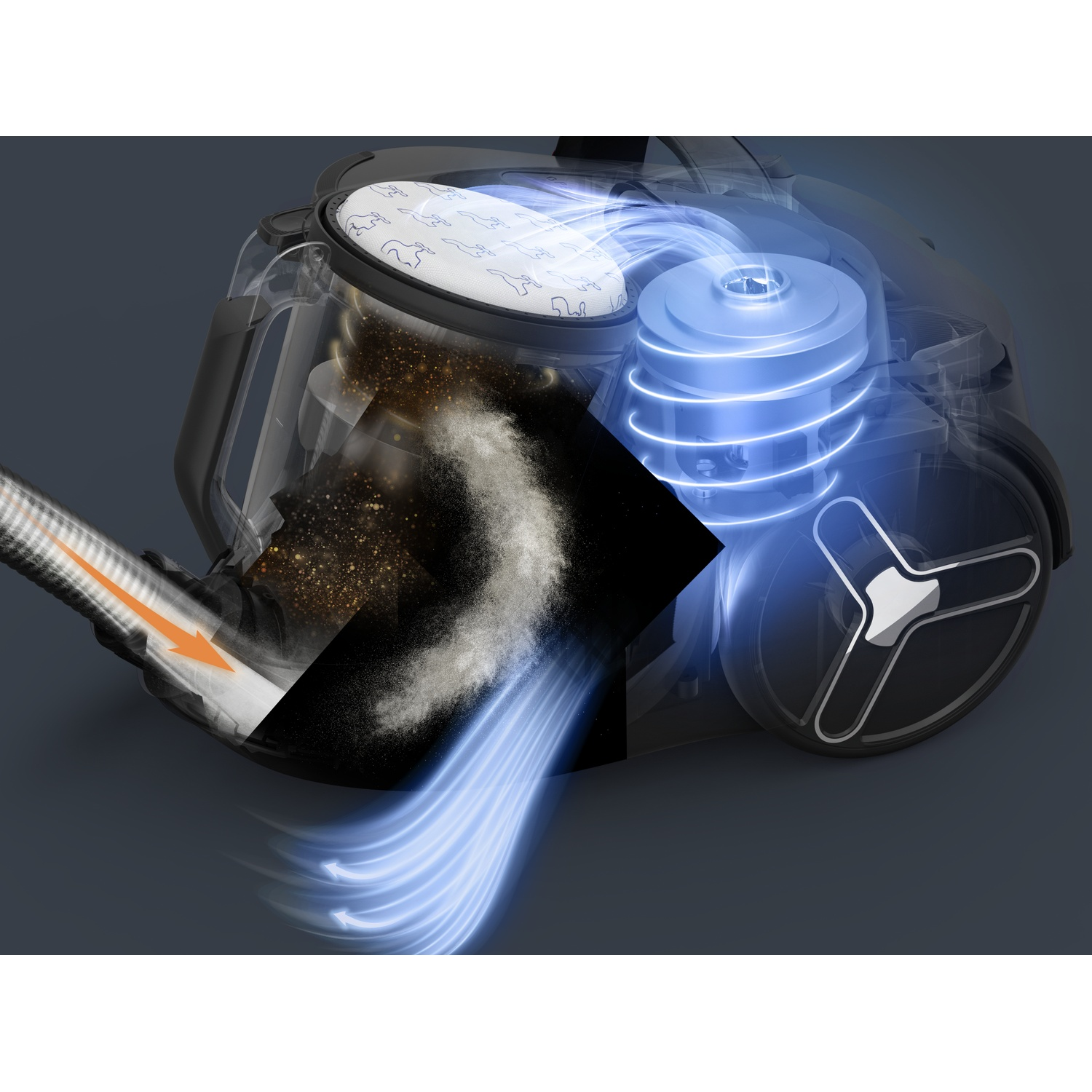 Transparent vacuum cleaner with visible airflow, swirling dust, and blue light effects inside.