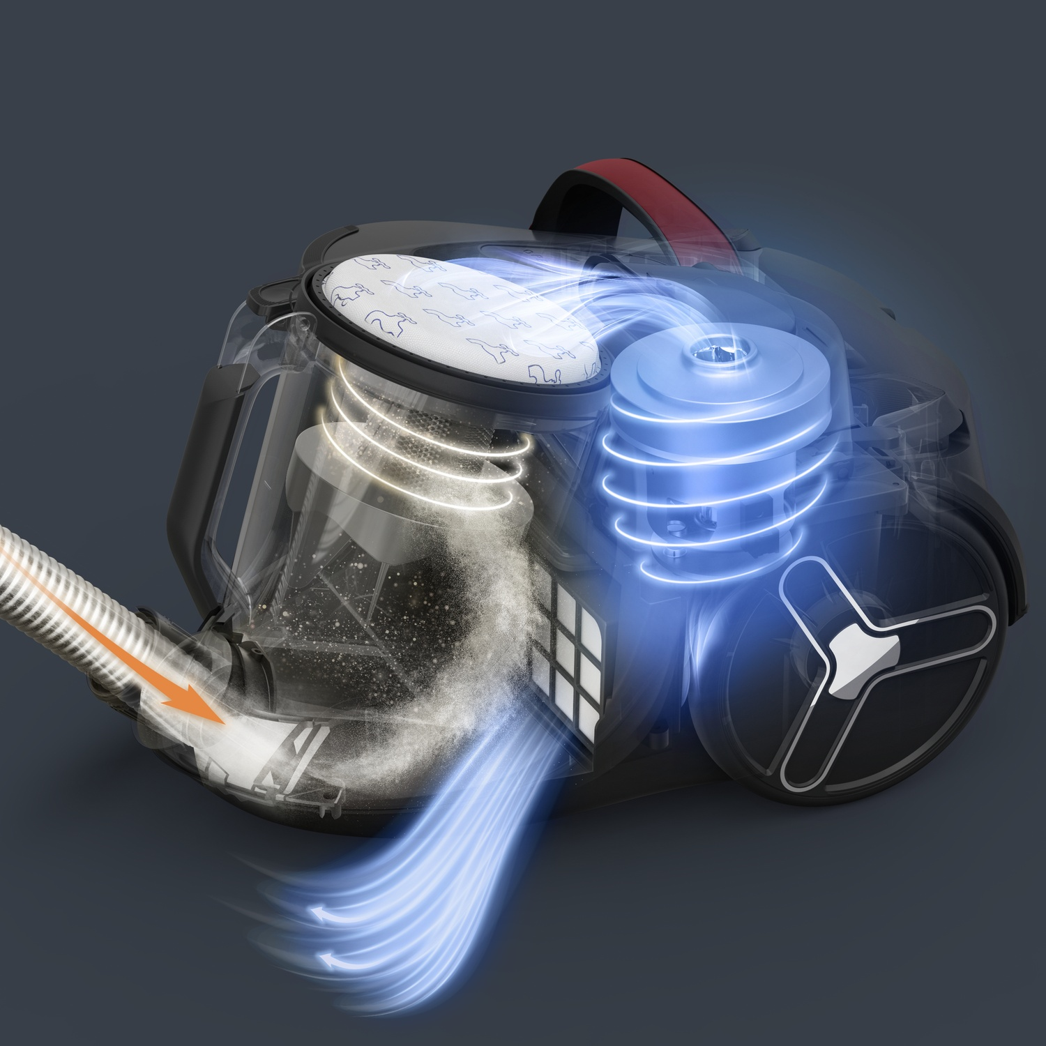 Transparent vacuum cleaner showing internal airflow and dust cyclone in the filtering system.