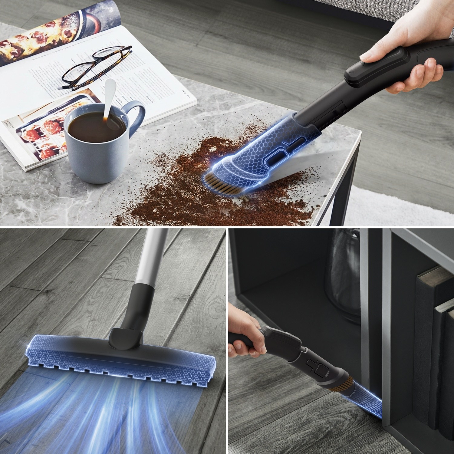 Vacuum cleans coffee grounds from table, wood floor, and cabinet gap.