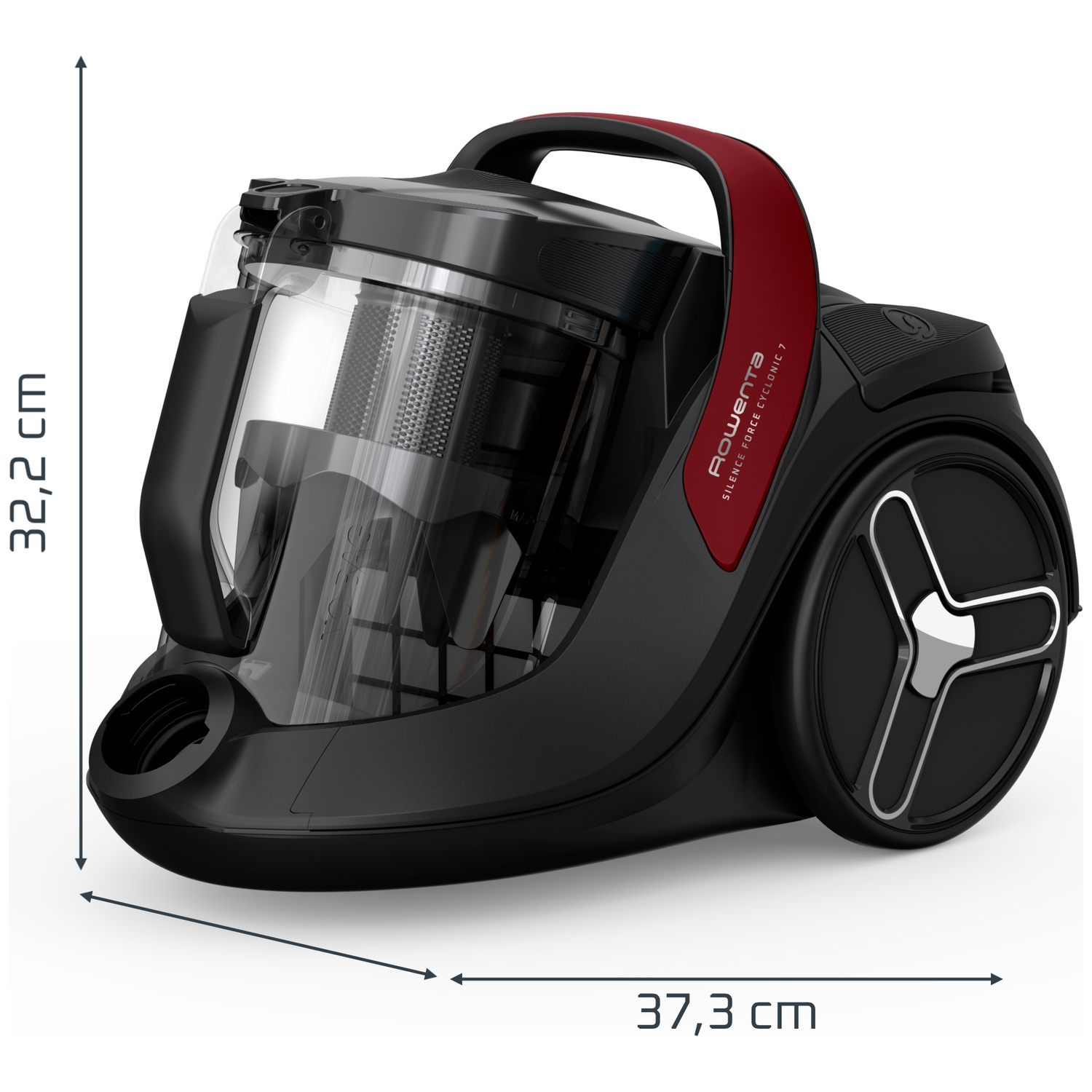 A black Rowenta vacuum cleaner with a red handle and transparent dust container, shown with dimensions.