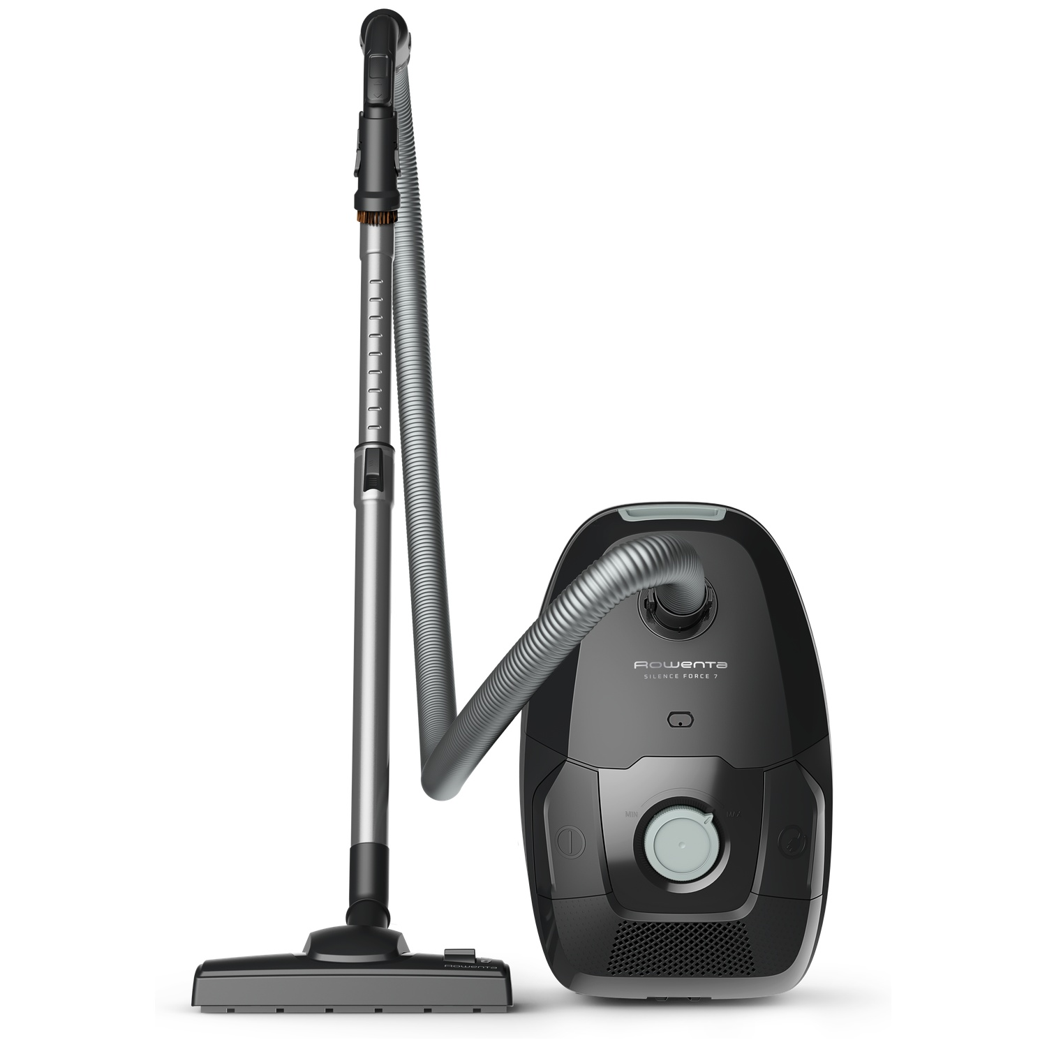 Black cylinder vacuum cleaner with silver-grey hose, telescopic wand, and floor nozzle against a white background.