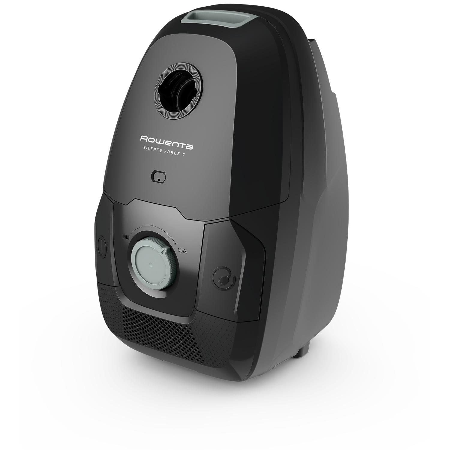A modern, black Rowenta Silence Force 7 vacuum cleaner with a control dial on a white surface.