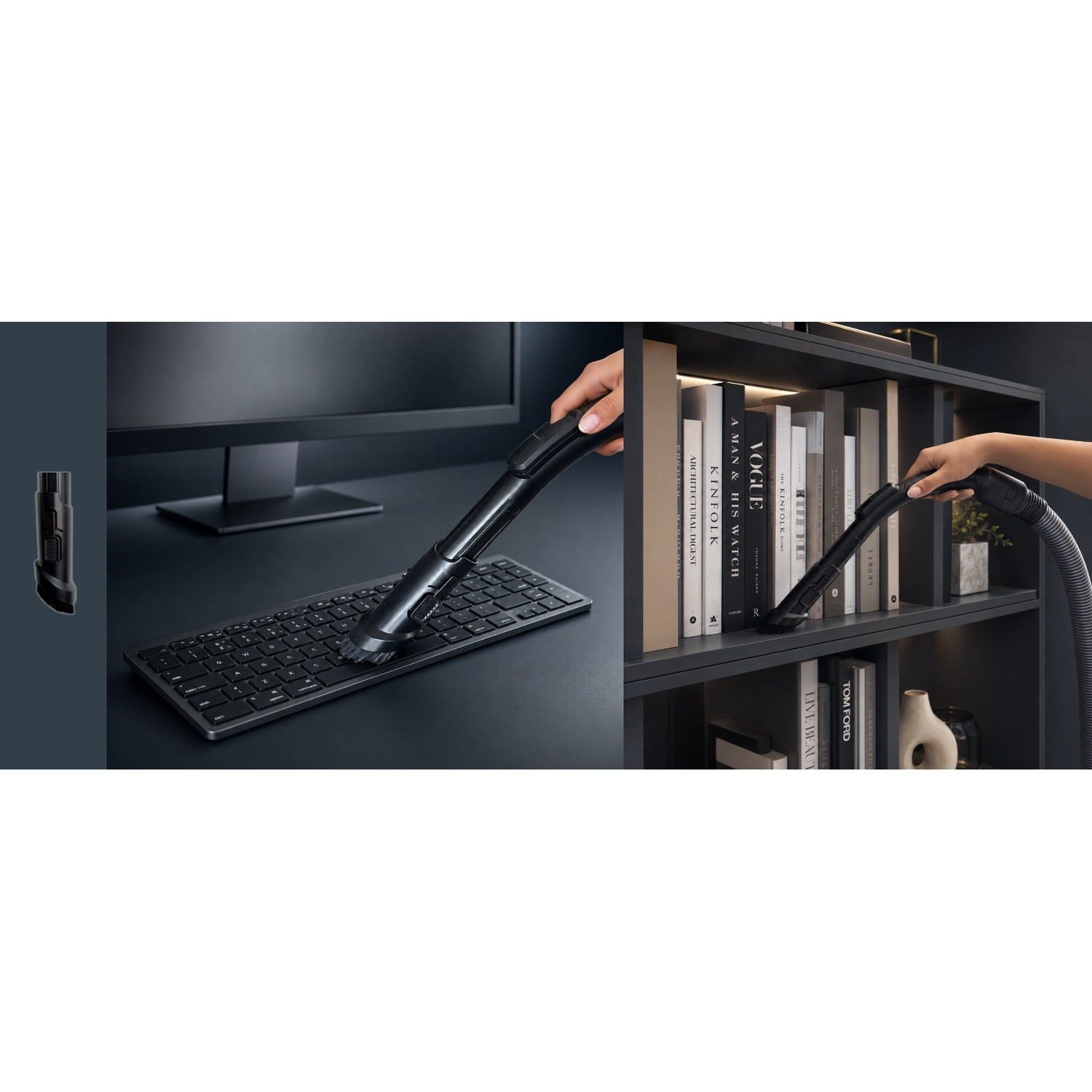 A hand cleans a keyboard and a bookshelf using a vacuum cleaner attachment.