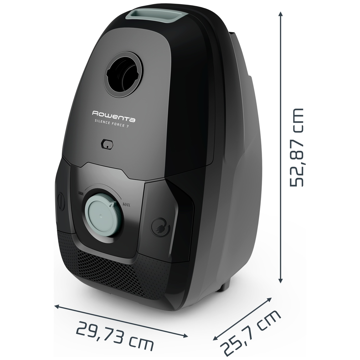 Black Rowenta Silence Force 7 vacuum cleaner with dimension arrows in centimeters on a white background.