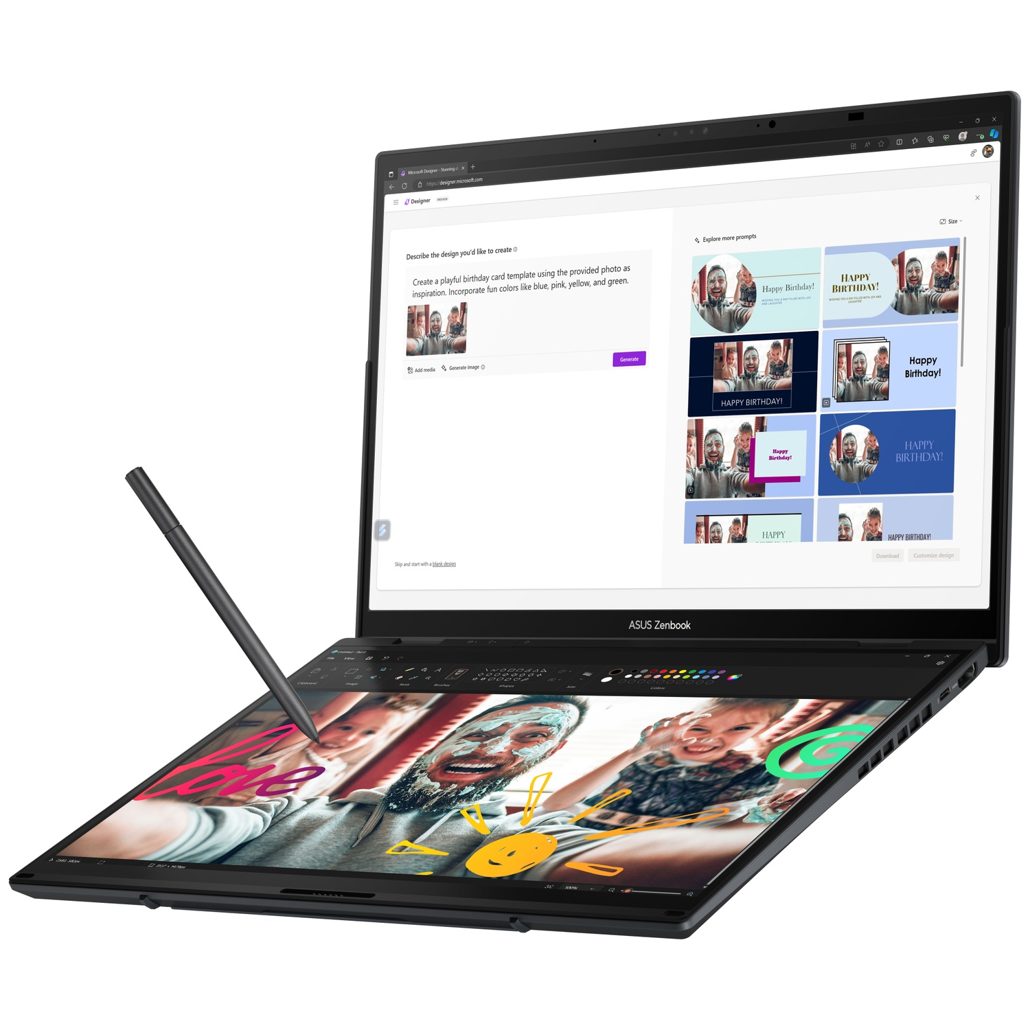 ASUS Zenbook avec deux écrans et un stylet en cours d'utilisation.
