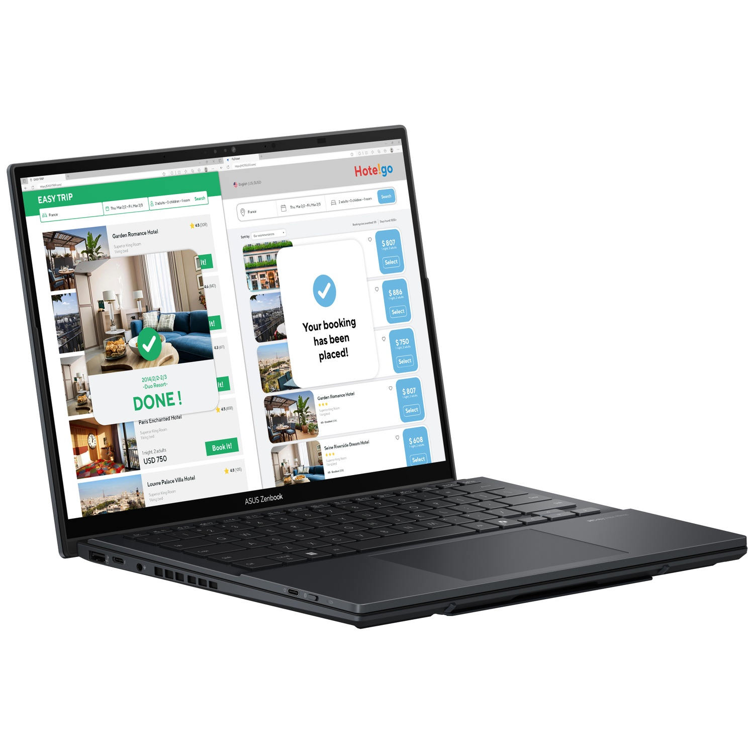 Un ordinateur portable ASUS Zenbook ouvert affiche un site de réservation d'hôtel avec deux fenêtres côte à côte.