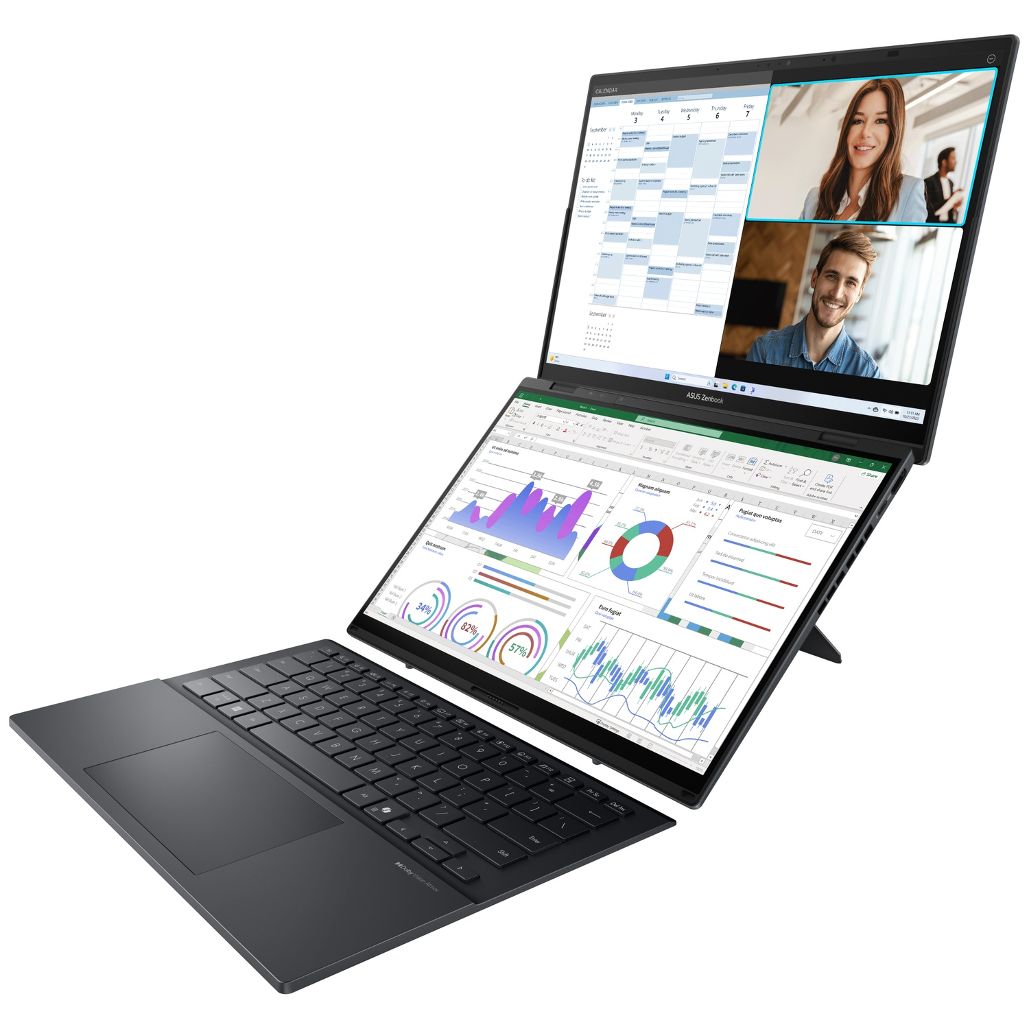 Ordinateur portable à double écran avec clavier détaché affichant un calendrier, un appel vidéo et des graphiques.