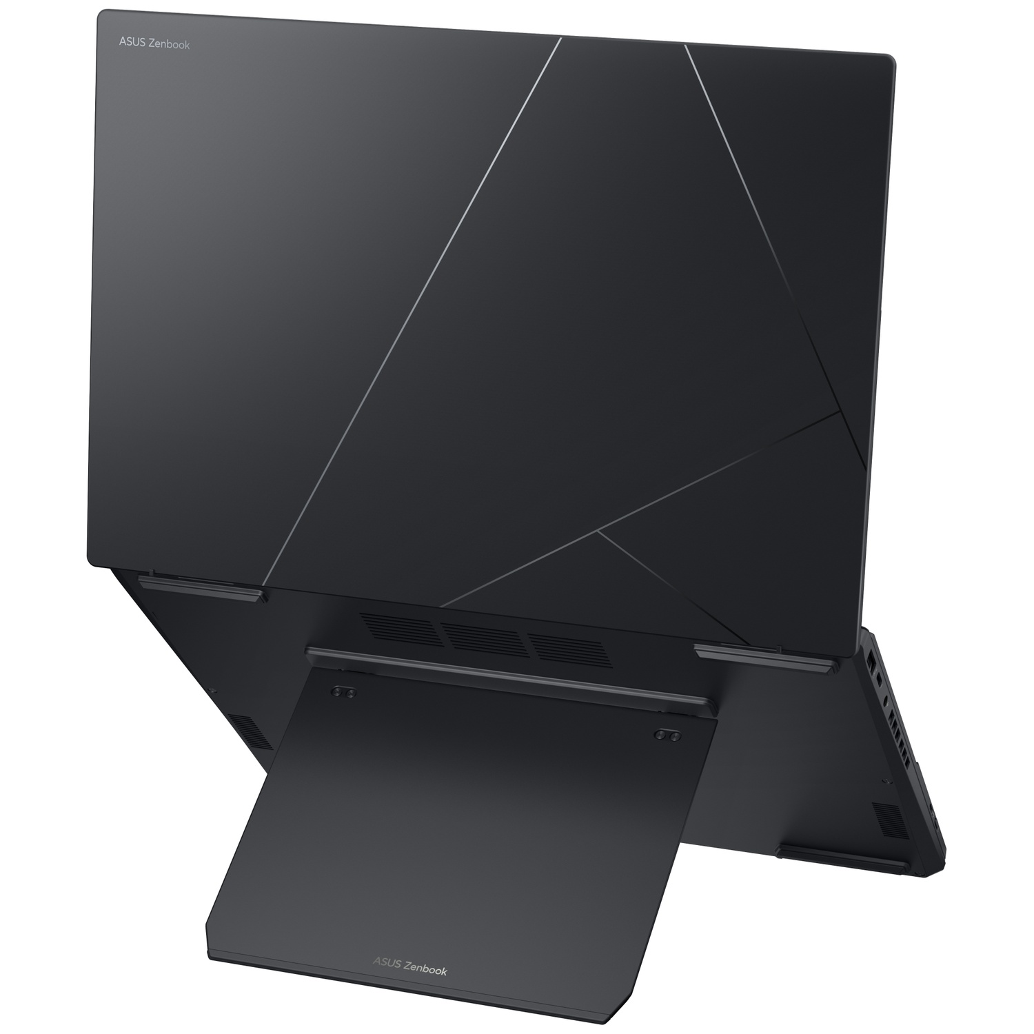 Vue arrière d'un ordinateur portable noir Asus Zenbook sur un support.