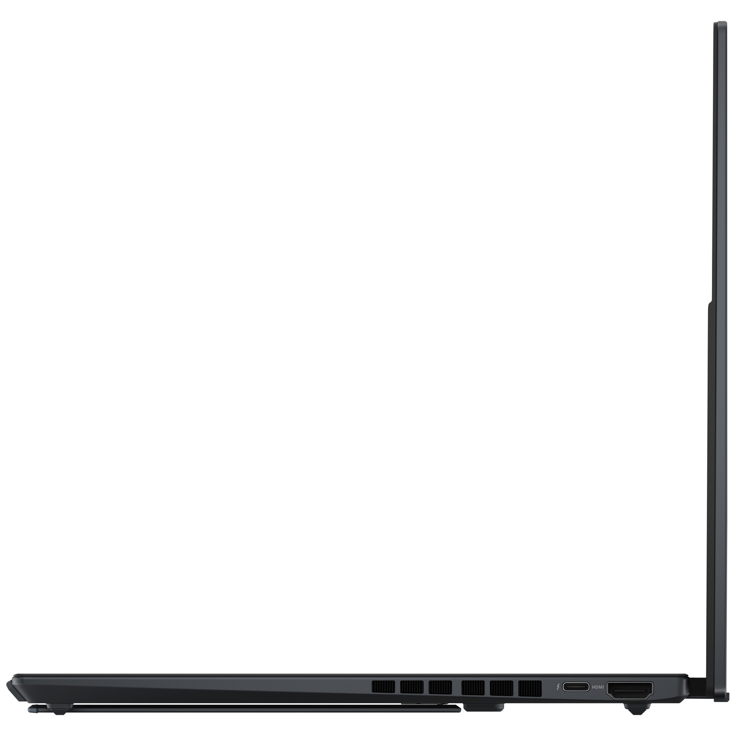 Vue latérale d'un ordinateur portable noir et fin montrant les ports sur le bord droit.