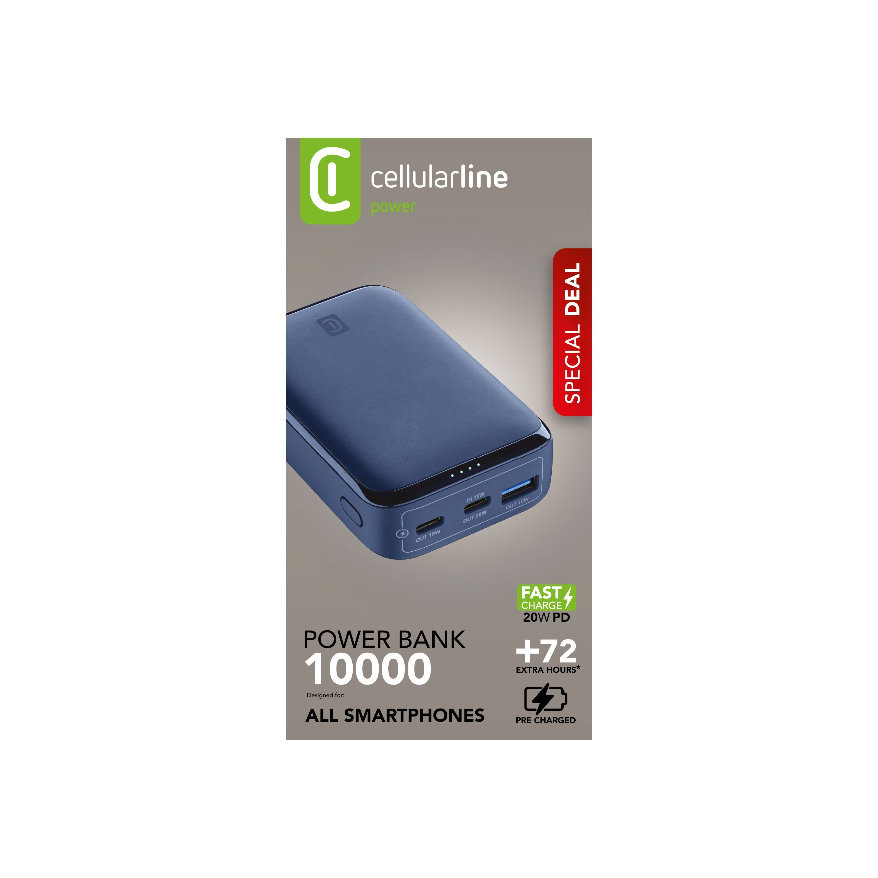 Ambalajında hızlı şarj özellikli mavi Cellularline 10000mAh taşınabilir şarj cihazı.