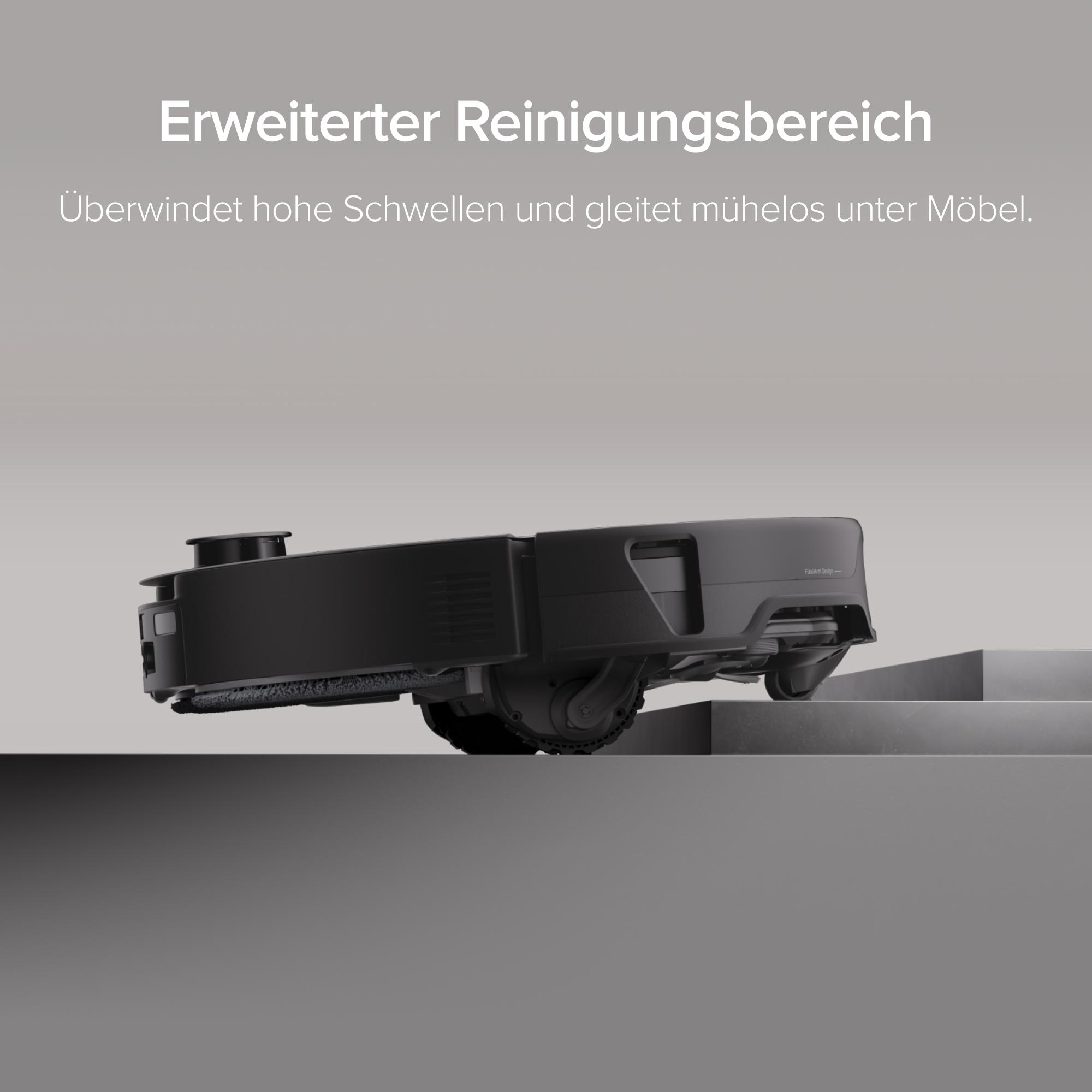 Ein schwarzer Saugroboter klettert über eine hohe Schwelle auf grauem Hintergrund mit Text.