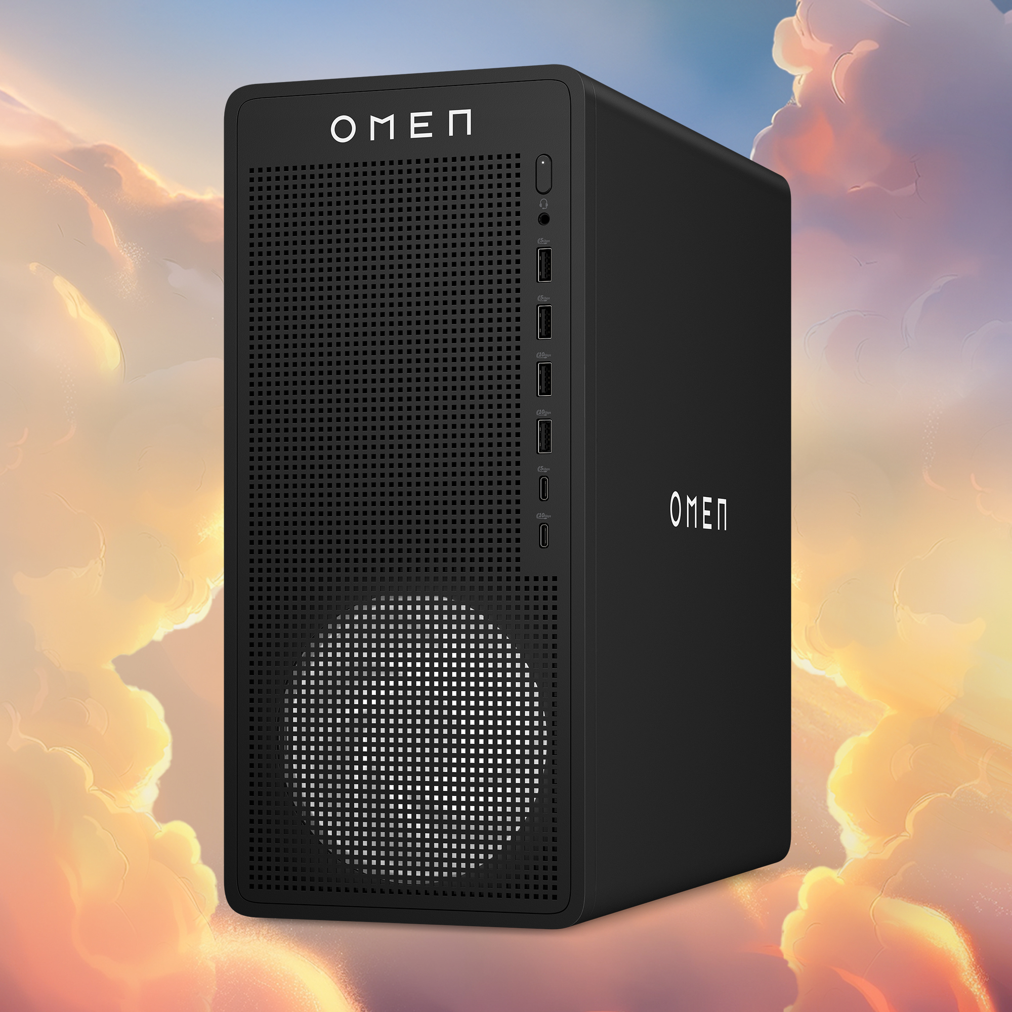 PC de juegos HP Omen negro frente a un fondo de cielo nublado colorido.