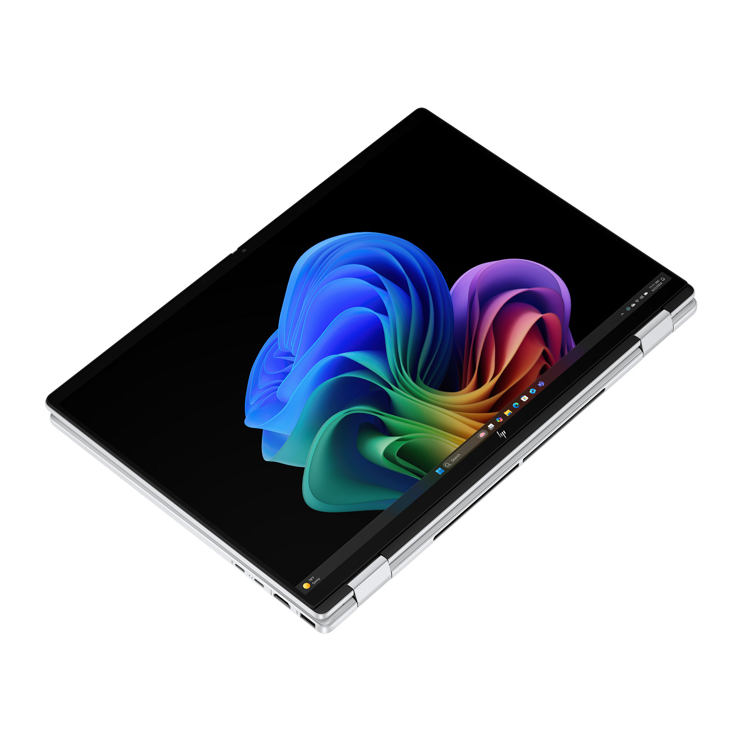 Portátil plateado en modo tienda con patrón de ondas colorido en pantalla negra sobre fondo blanco.