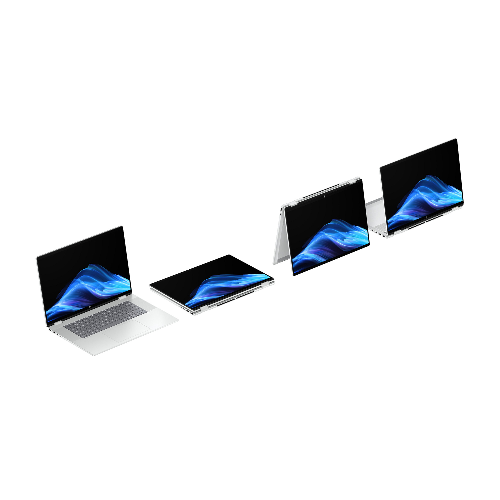 Cuatro portátiles plateados en varias posiciones y ángulos, alineados sobre fondo blanco con una onda azul en la pantalla.