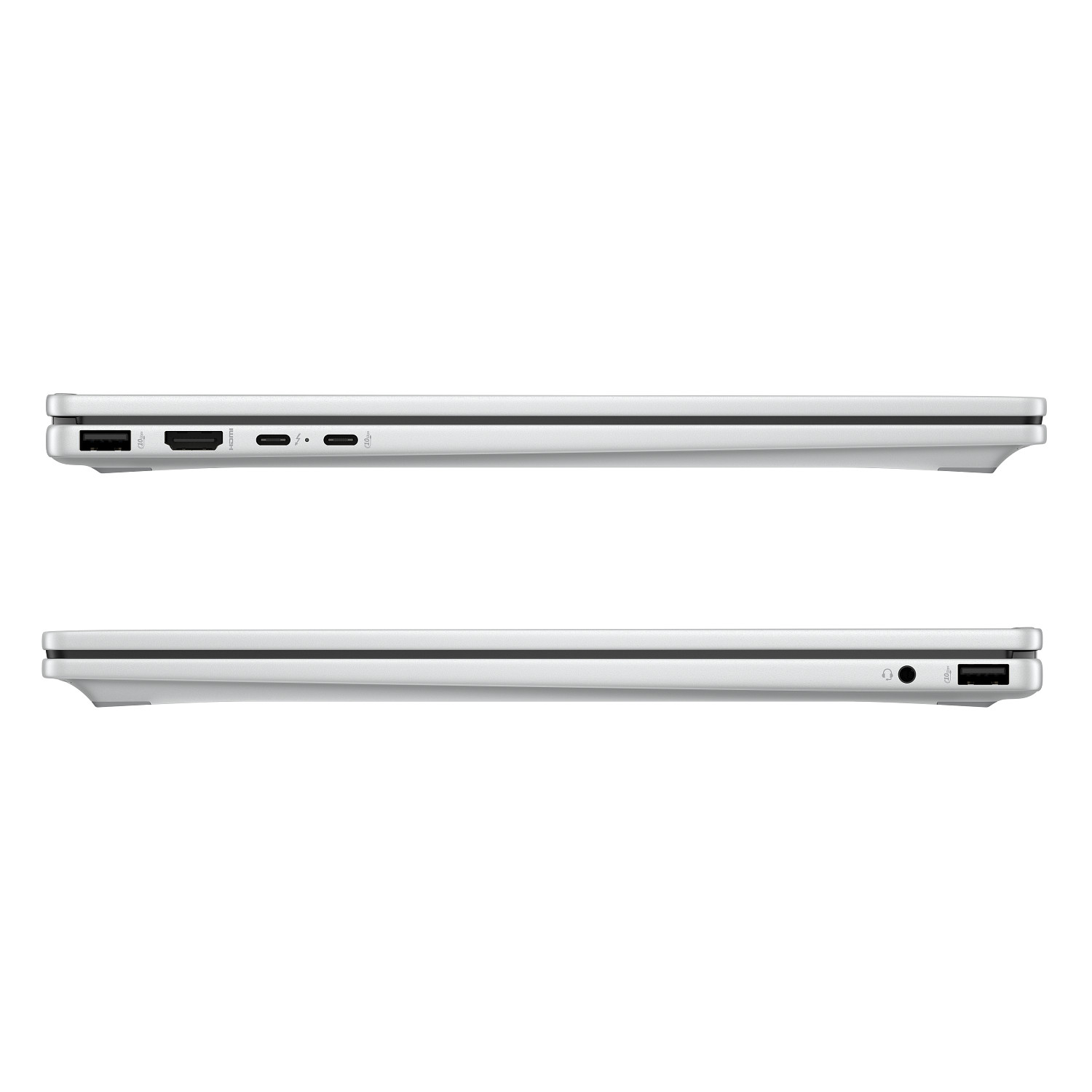 Perfiles laterales de un portátil plateado con puertos USB, HDMI y conector para auriculares sobre fondo blanco.