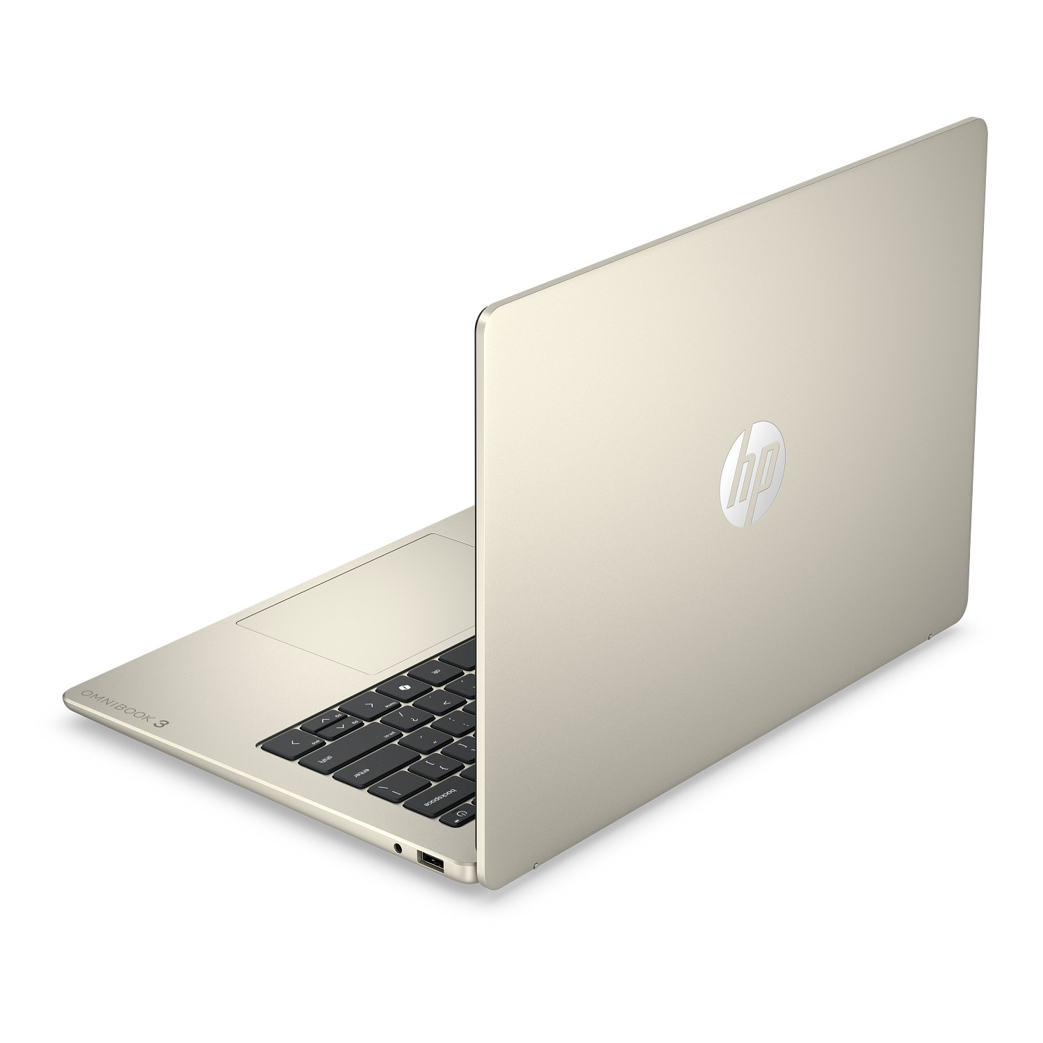 Un ordenador portátil HP OmniBook 3 dorado abierto sobre fondo blanco con el logotipo de HP en la tapa.