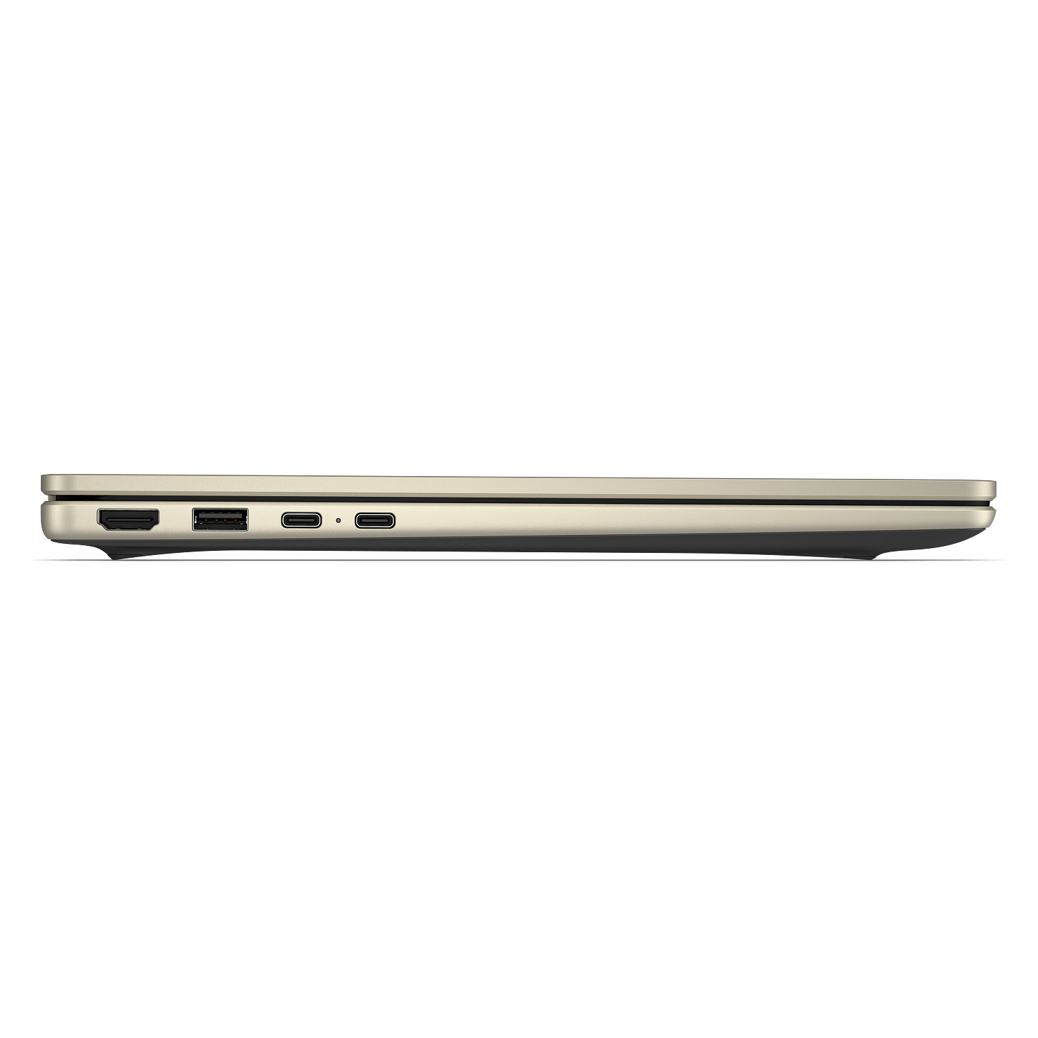 Vista lateral de una laptop dorada cerrada que muestra puertos HDMI, USB y dos puertos USB-C.