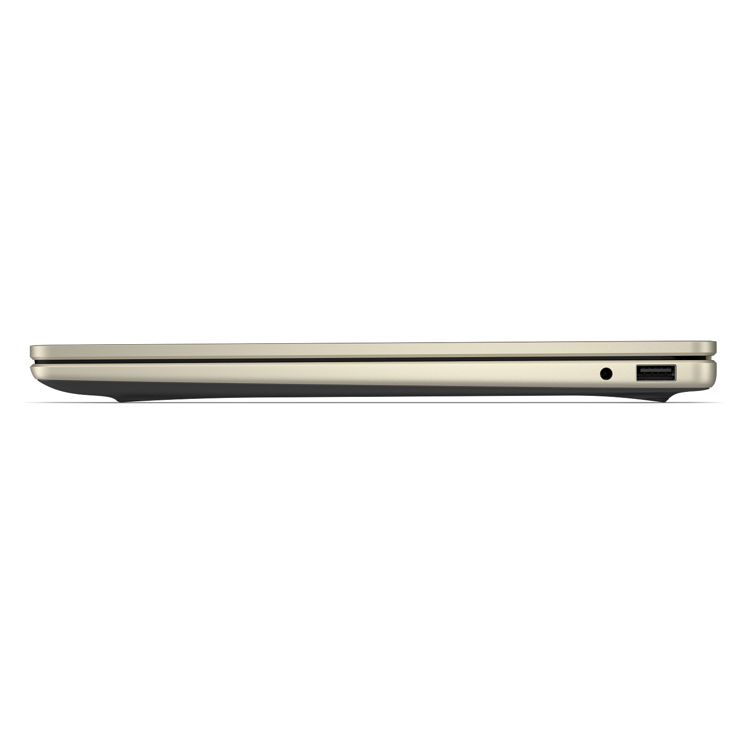 Vista lateral de un portátil dorado cerrado con puerto USB y conector para auriculares sobre fondo blanco.