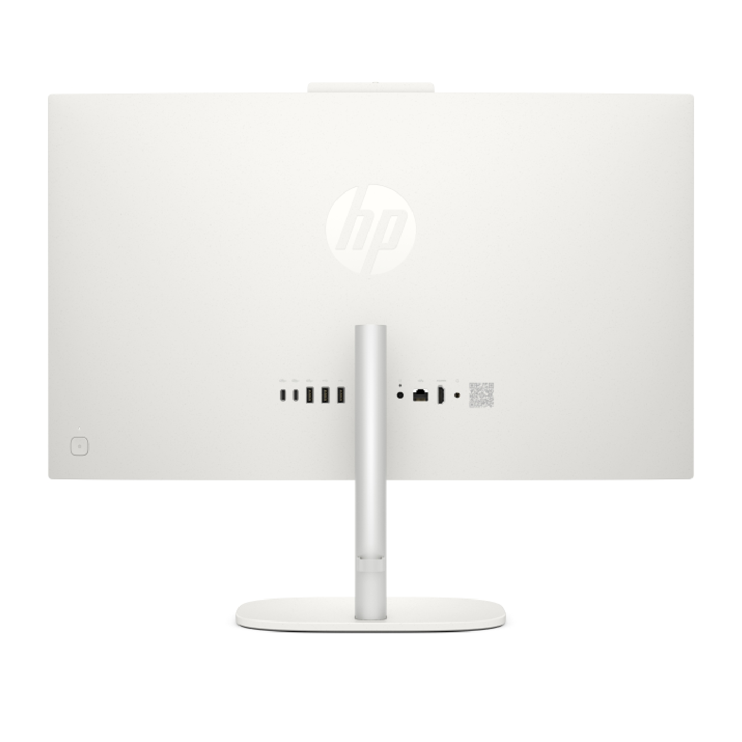 Vista trasera de un ordenador todo en uno HP blanco con soporte y puertos.