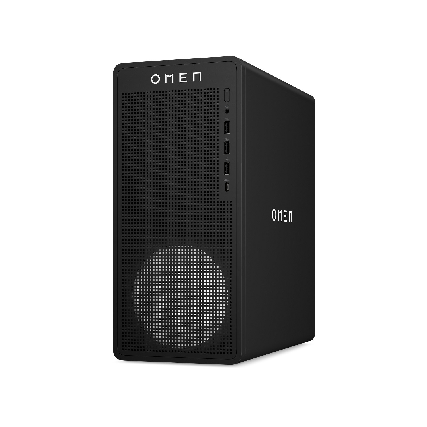 PC de escritorio OMEN negro con rejilla frontal, logo blanco y ventilador iluminado.